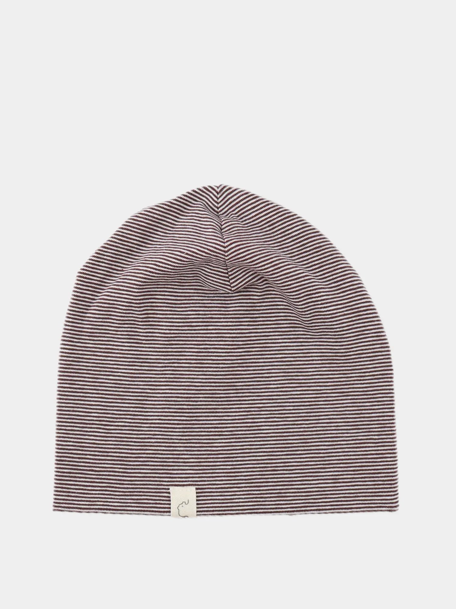 Beanie Bio-Baumwolle - Ringel Schoko: Slouch-Beanie aus feinem Stretch-Strick mit schmalen Streifen, kleiner Elefanten-Label. Kuschelig, atmungsaktiv und ideal für Kinder, nachhaltig handgefertigt in Berlin.