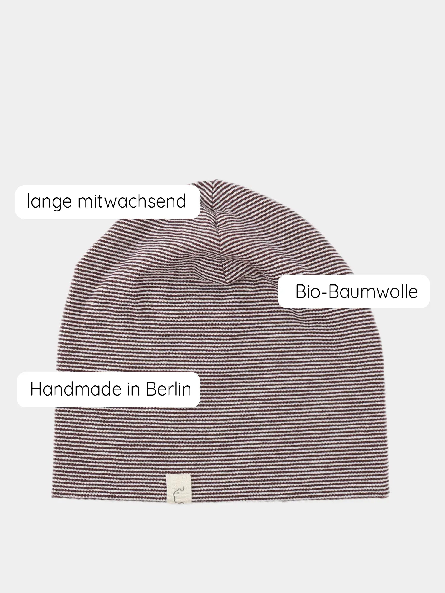 Beanie Bio-Baumwolle - Ringel Schoko: Kuschelige, gestreifte Beanie aus 100% Bio-Baumwolle, handgemacht in Berlin, mitwachsend und ideal für Babys. Dezente Streifenoptik, schmaler Schnitt, perfekt unter Helmen.