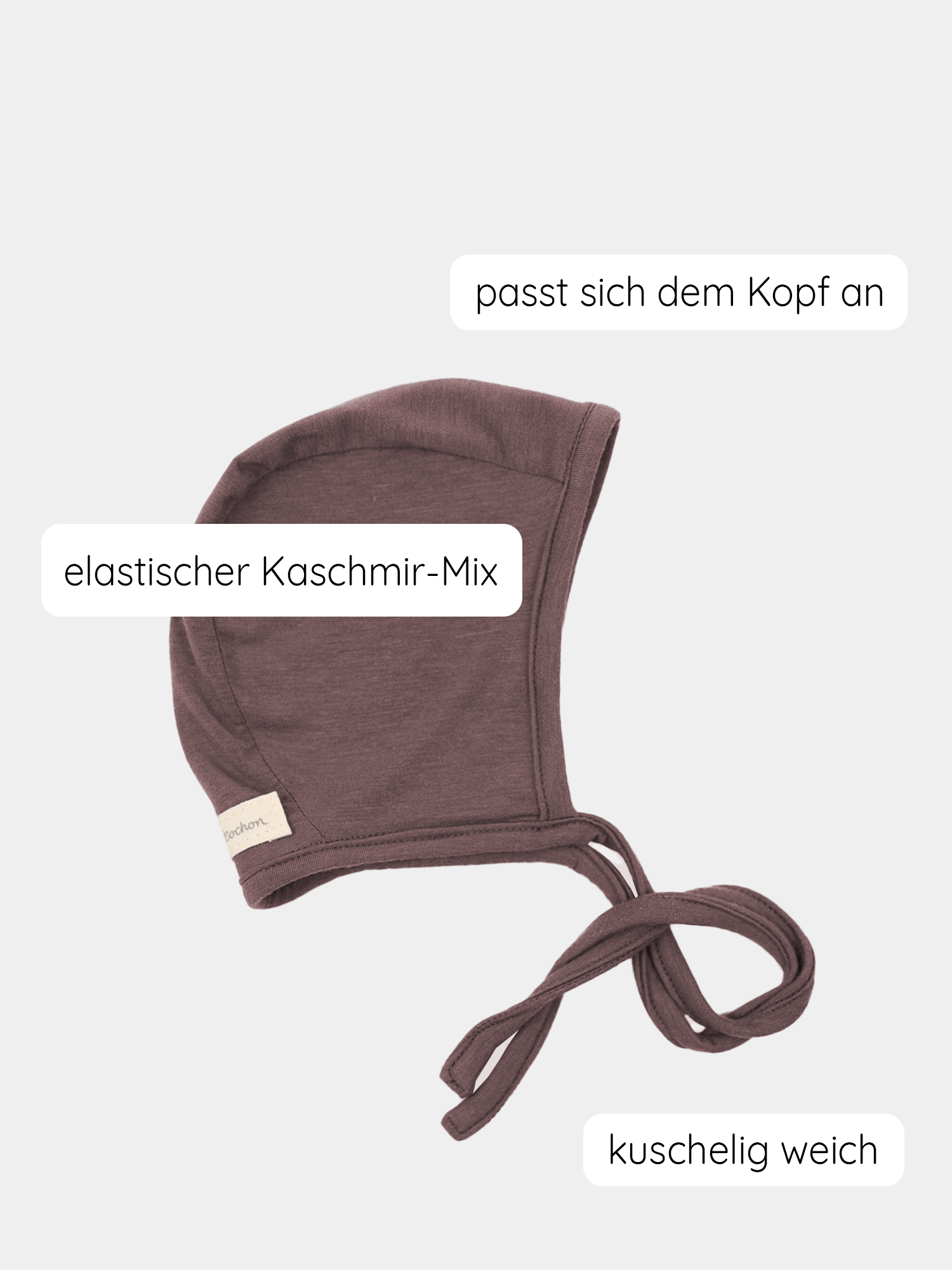 Babyhäubchen Kaschmir-Mix - Malve, ein weiches, elastisches Babyhäubchen mit langen Bändern zum Binden, gefertigt aus Micromodal-Kaschmirstoff, ideal für Wärme und Schutz des Babykopfes.