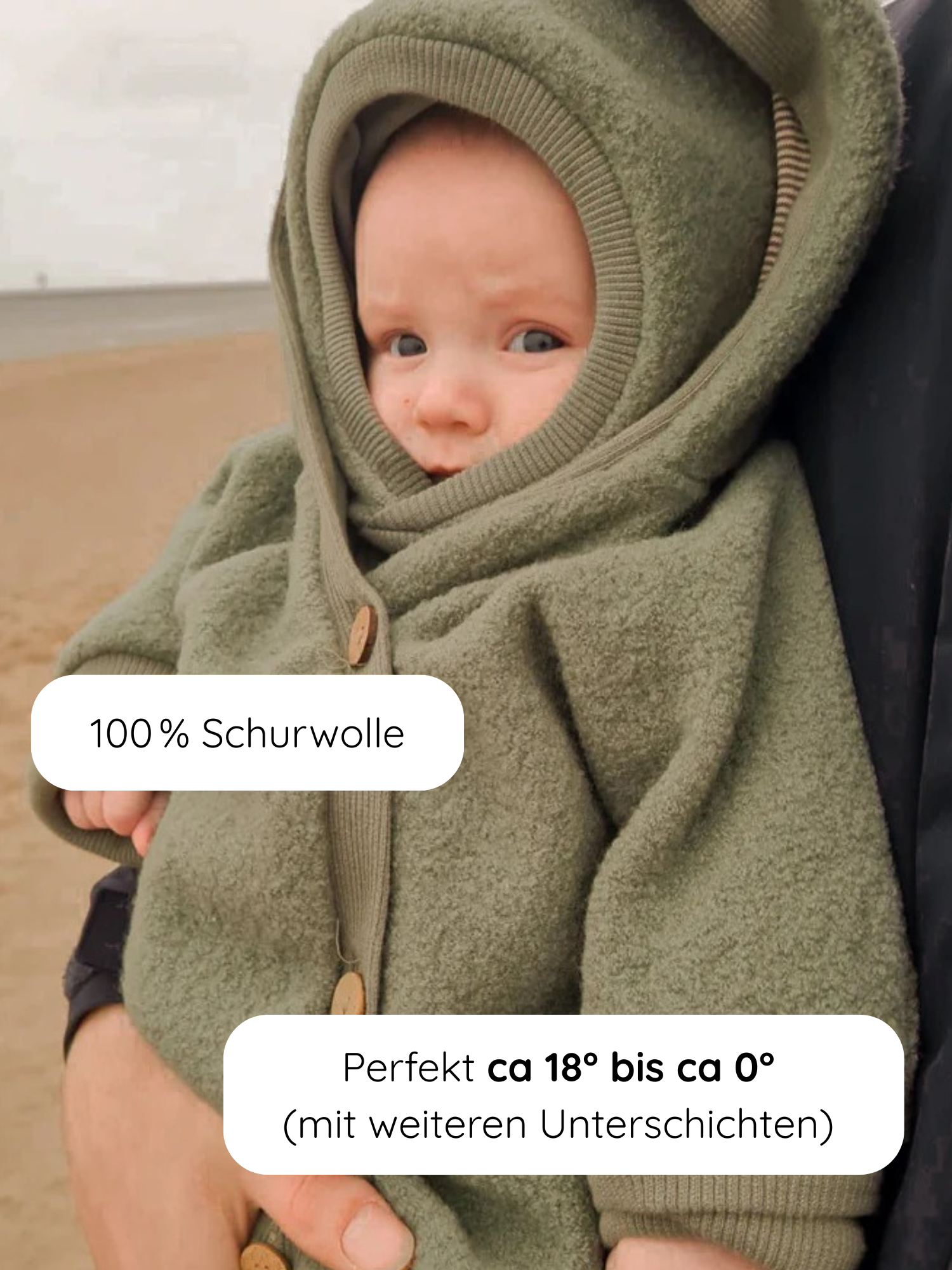 Baby in Kuschelanzug Wollwalk - Pistazie aus 100% Schurwolle, mit Kapuze, ideal für 18°C bis 0°C. Großzügiger Schnitt, Baumwolljersey-Futter, handgefertigt, für Frühling bis Winter.