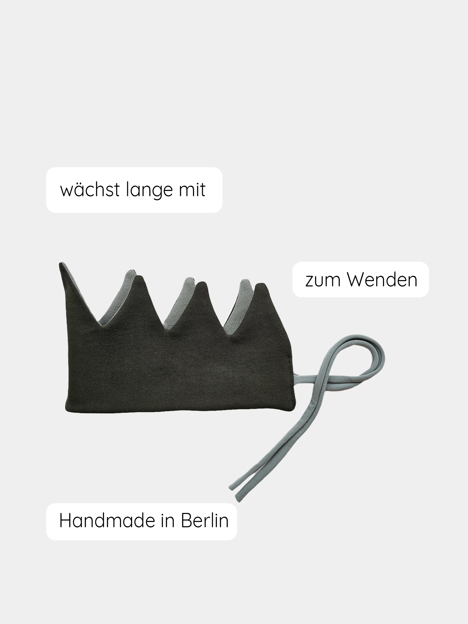 Geburtstagskrone Bio-Sweat - AquaAvocado: Schwarze Krone mit Bindebändern, handgefertigt aus Bio-Sweat, wendbar, Teil der No Waste Kollektion, ideal für Kindergeburtstage. Perfekte Geschenkideen für 1 Geburtstag.