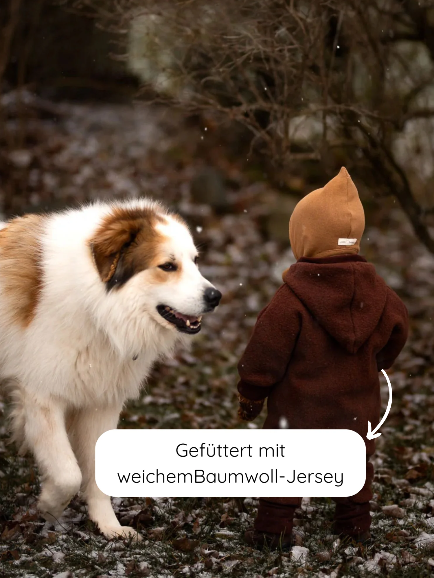 Kleinkind im Kuschelanzug Wollwalk - Schoko, steht draußen auf leicht schneebedecktem Boden, gegenüber einem großen Hund. Der Anzug ist mit weichem Bio-Baumwolljersey gefüttert, ideal für kühle Tage.