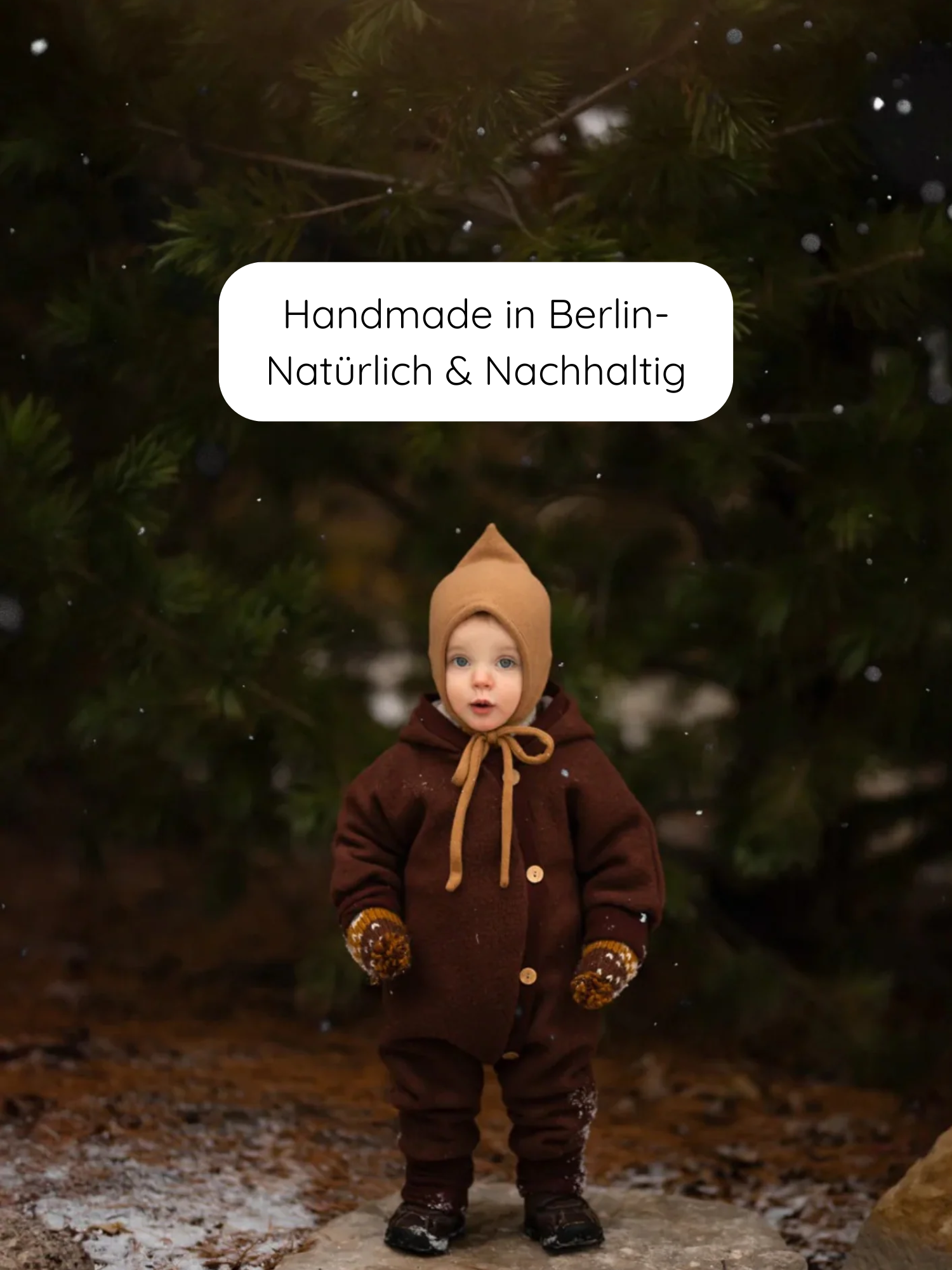 Kleinkind im Kuschelanzug Wollwalk - Schoko steht auf schneebedecktem Weg. Der Anzug aus 100 % Schurwolle hat umgeschlagene Bündchen, eine Kapuze und kombiniert Wärme mit Bewegungsfreiheit.