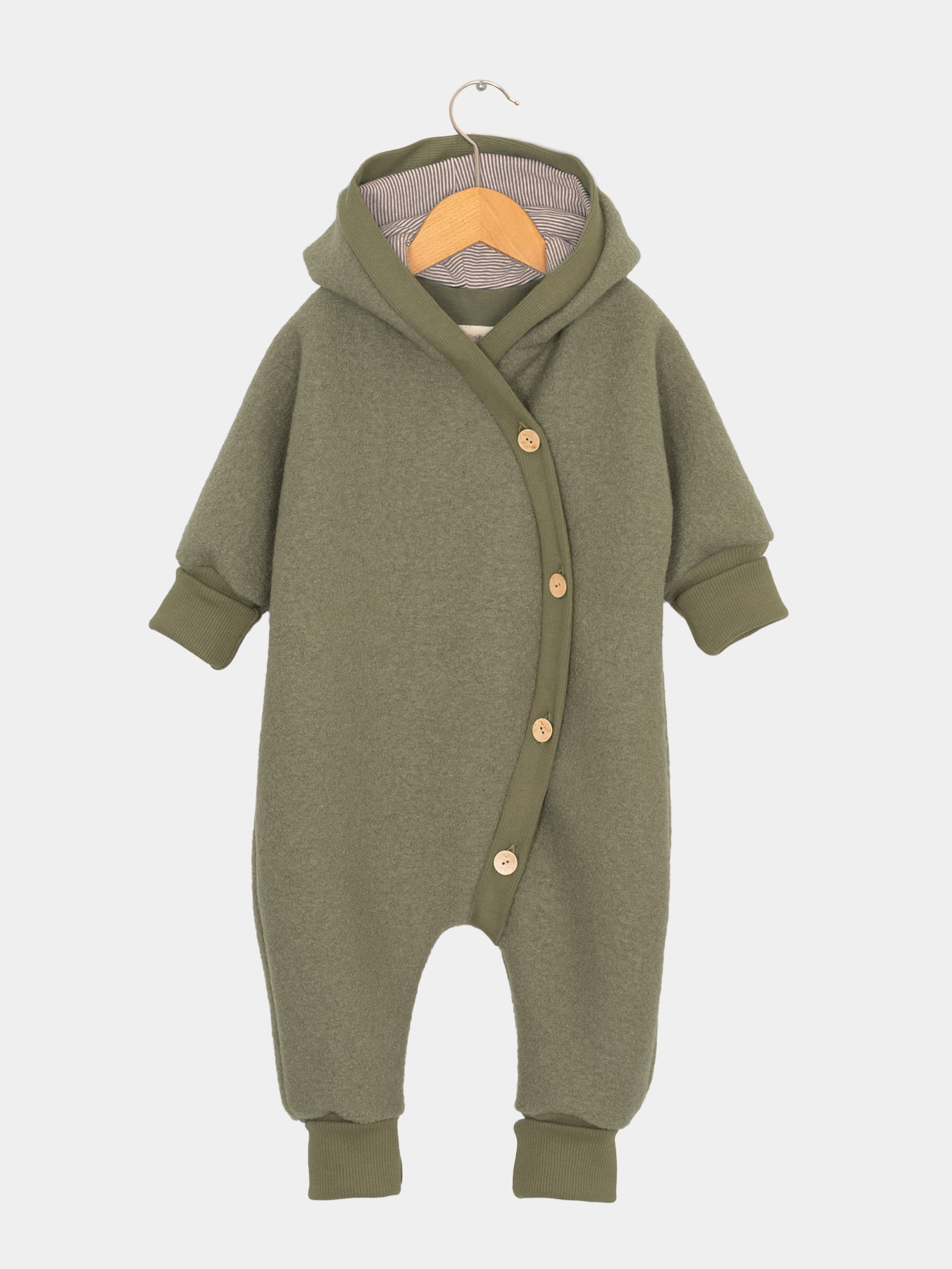 Kuschelanzug Wollwalk - Pistazie: Grüner Wollwalk Anzug für Kinder und Babys mit Kapuze und Knöpfen, ideal für kühle Jahreszeiten, hält warm und schützt vor Wind und Kälte.