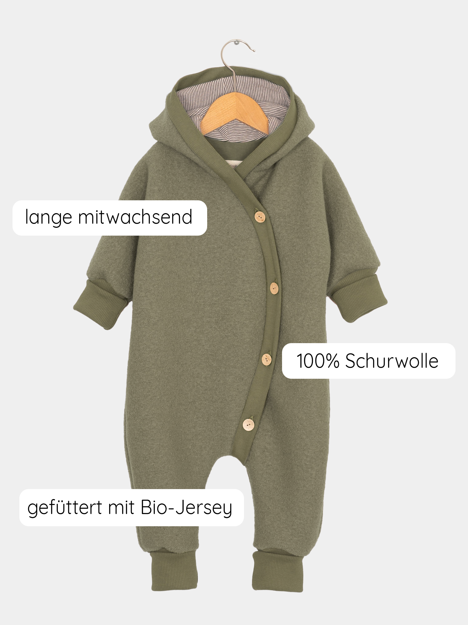 Kuschelanzug Wollwalk - Pistazie: Grüner Wollwalkanzug mit Kapuze und Knöpfen, ideal für kühle Monate, mit Bio-Jersey-Futter für Wärme und Komfort. Wollwalk Overall für Babys und Kinder.
