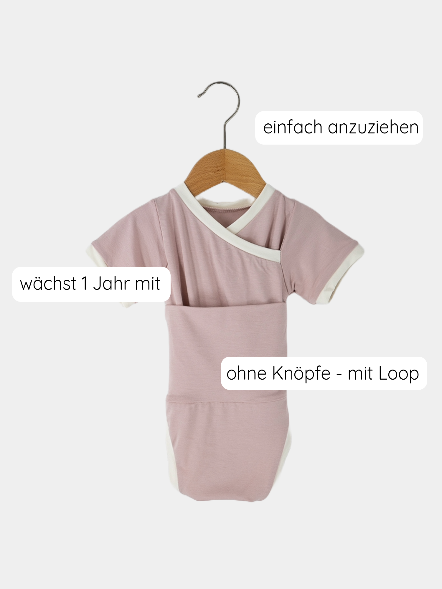 Kurzarm Loopbody Bambusviskose - Rosa: Ein weicher, elastischer Babybody aus Bambus mit kurzen Ärmeln, ohne Knöpfe, ideal für den Sommer. Der innovative Loop sorgt für einfachen, schnellen Kleiderwechsel.