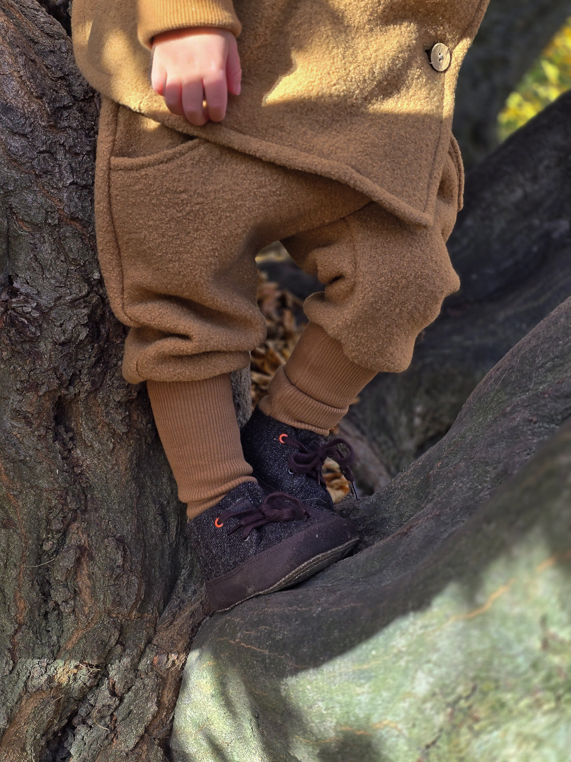 Knickerbocker Wollwalk - Kamel: Ein Kind trägt die Hose, sitzt im Baum. Deutlich sichtbar sind die braunen Bündchen und die robuste Wollstruktur, ideal für Outdoor-Abenteuer bei kaltem Wetter. nachhaltige Kinderkleidung aus Wollwalk