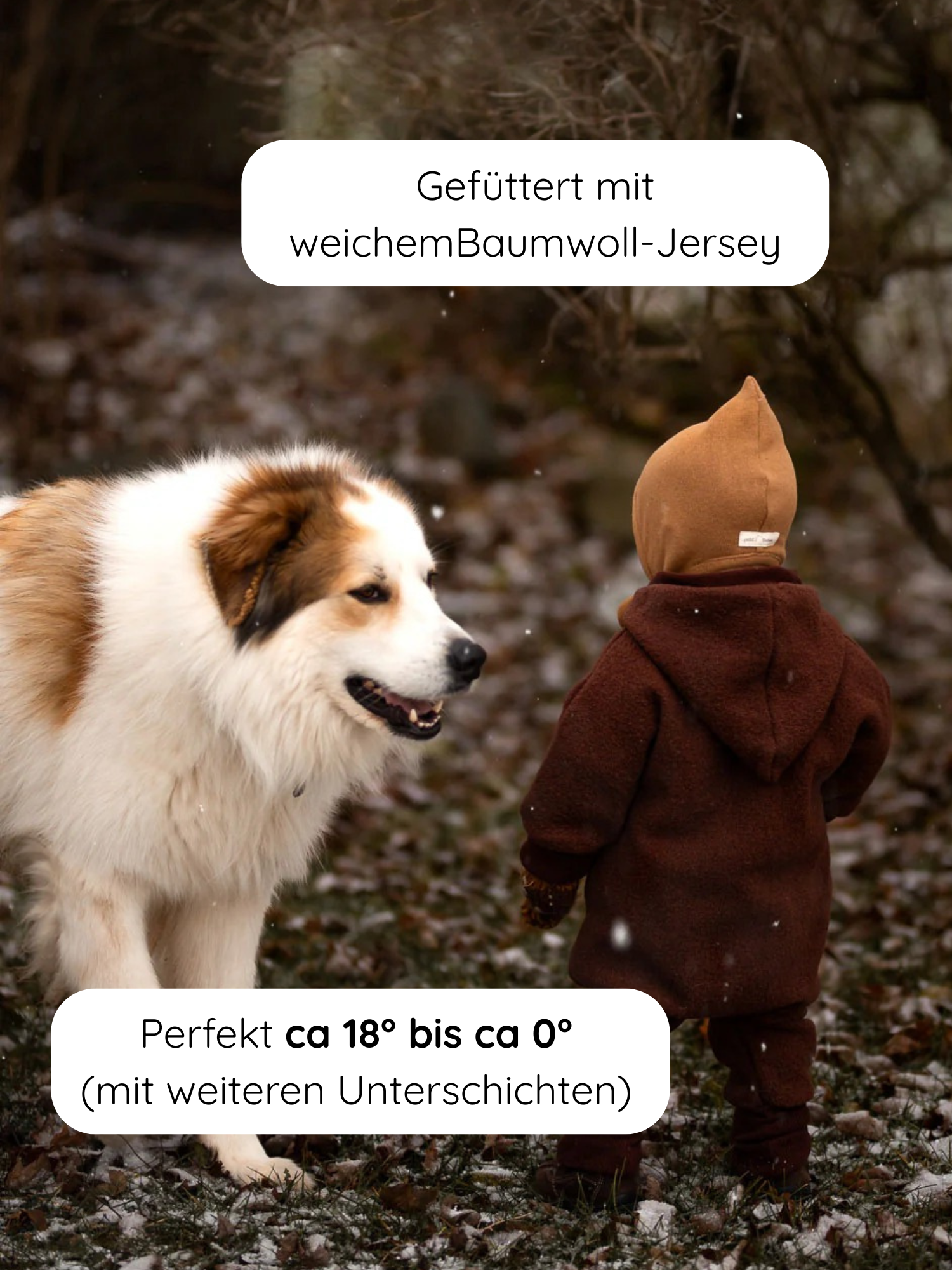 Ein Kind trägt einen Kuschelanzug Wollwalk - Schoko mit Kapuze, stehend neben einem großen Hund im verschneiten Wald. Der Anzug besteht aus 100% Schurwolle, gefüttert mit weichem Bio-Jersey.