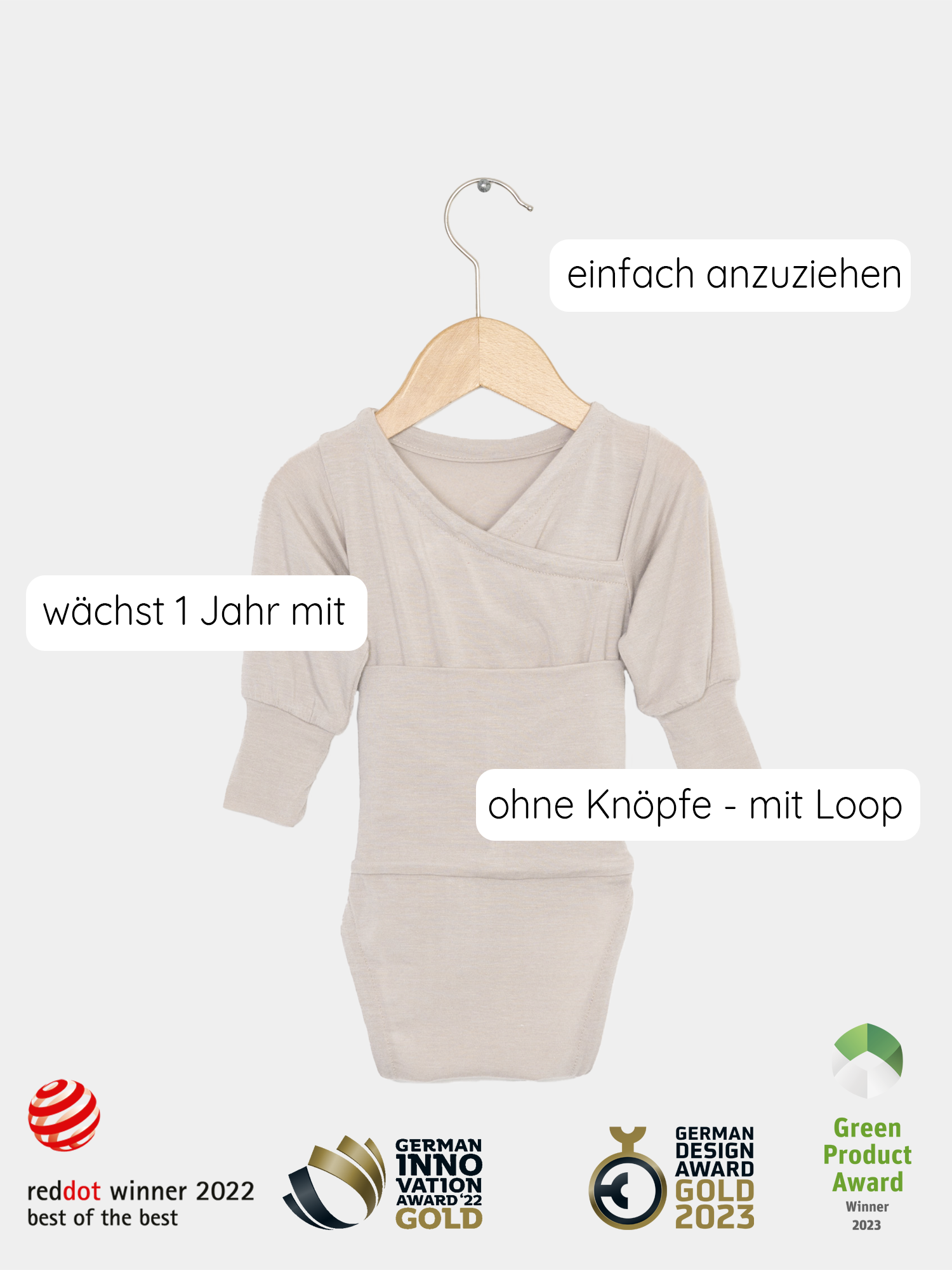 Loopbody Kaschmir-Mix - Sand: Ein langärmeliger Babybody aus weichem Kaschmir-Micromodal-Mix, mit praktischem Loop-Design für einfaches An- und Ausziehen und zusätzlichen Wärmeschutz.