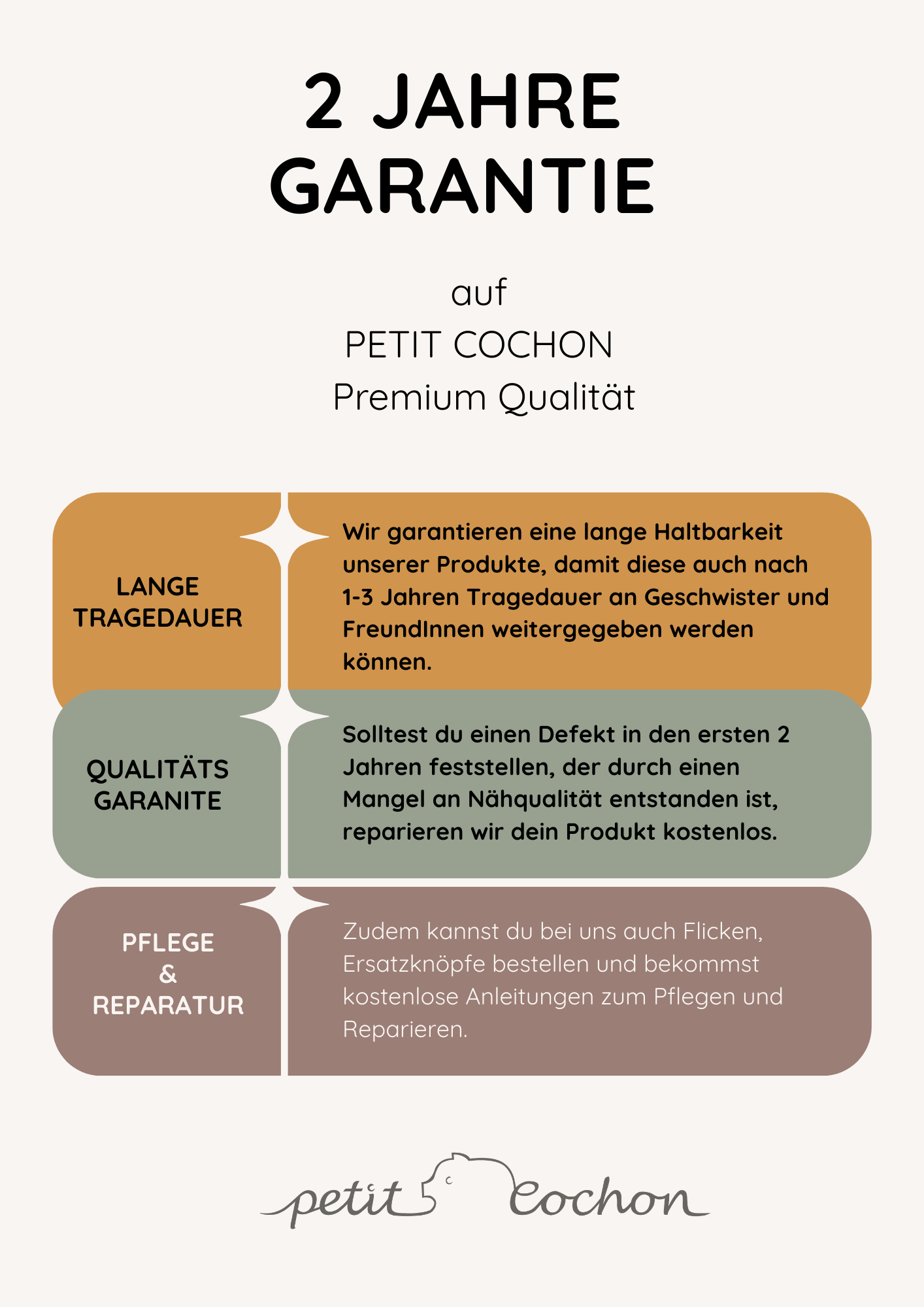 Kuschelanzug Wollwalk - Schoko: Deutschsprachiges Garantieposter von Petit Cochon, das eine zweijährige Garantie, Qualitätsversprechen und Serviceleistungen wie Reparatur und Pflege für Produkte bewirbt.