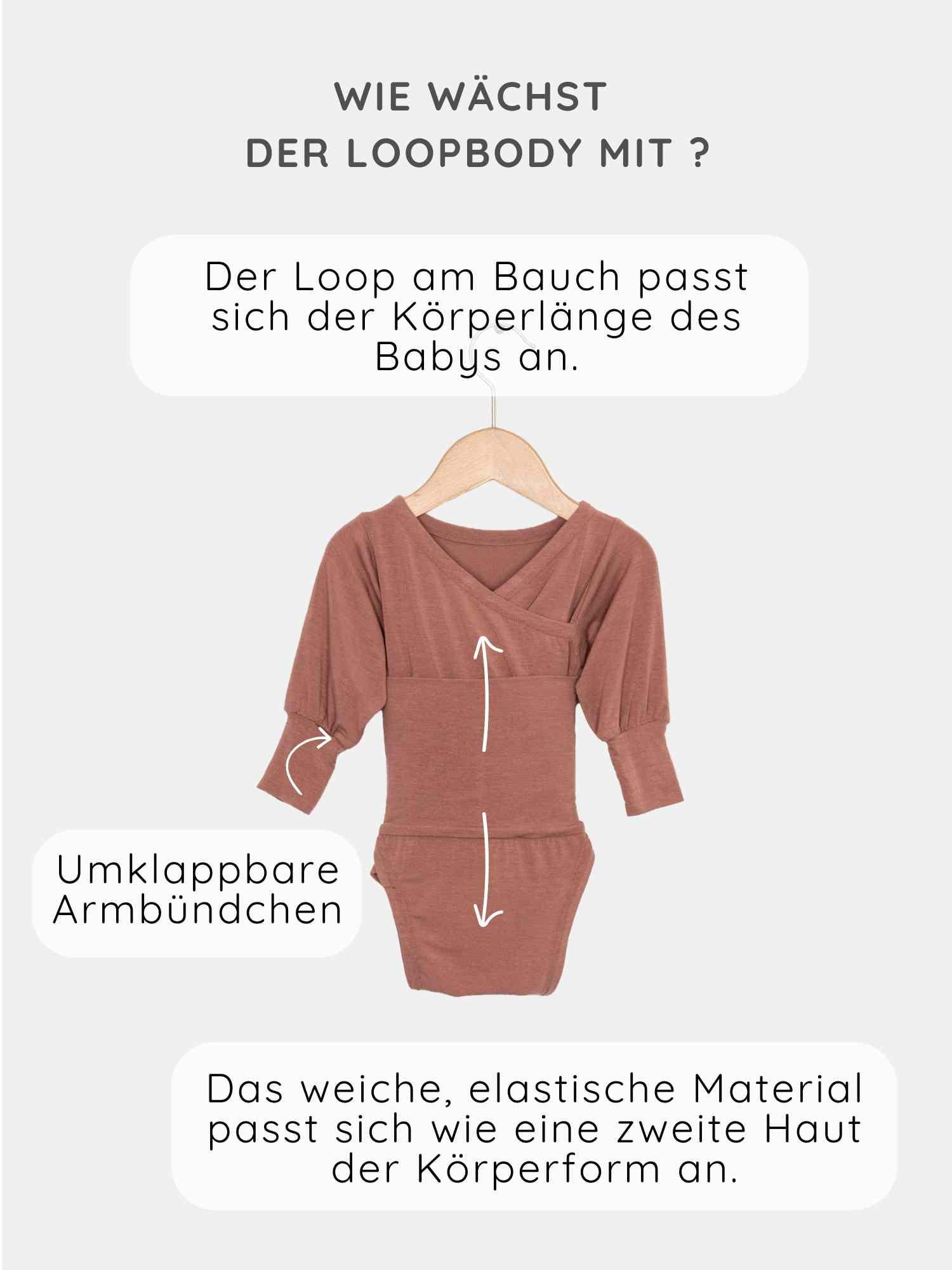 Loopbody Kaschmir-Mix - mitwachsender Babybody - Zimt: Baby-Body auf Bügel mit verstellbarem Bauch-Loop, umklappbaren Armbündchen und aus weichem, elastischem Material für optimale Anpassung und Komfort.