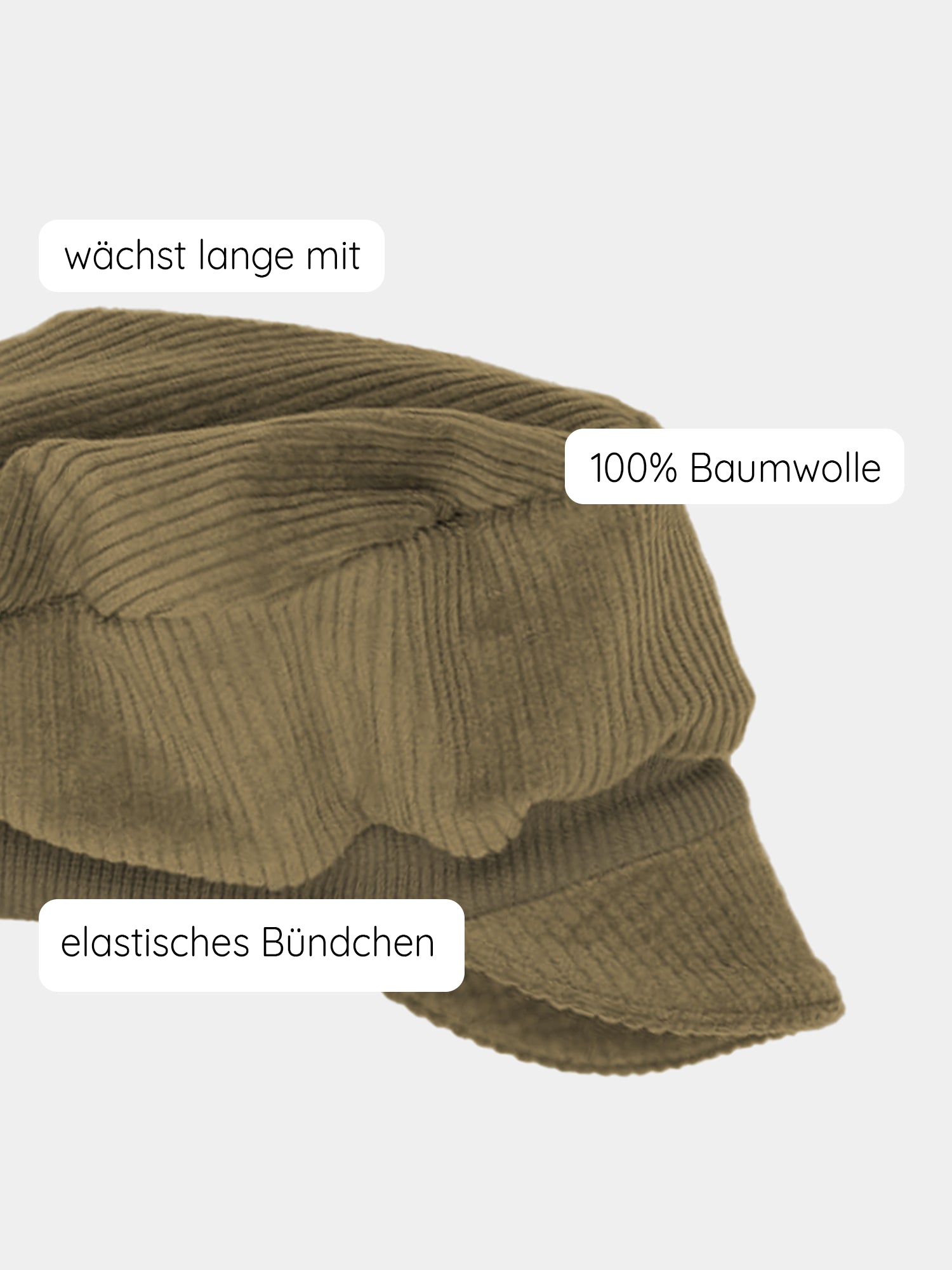 Michemlütze Breitcord - Kiwi, eine robuste und elastische Kindermütze aus Cord mit Bio-Baumwollbündchen. Perfekt für das ganze Jahr, bequem und aus umweltfreundlichen Textilresten gefertigt.