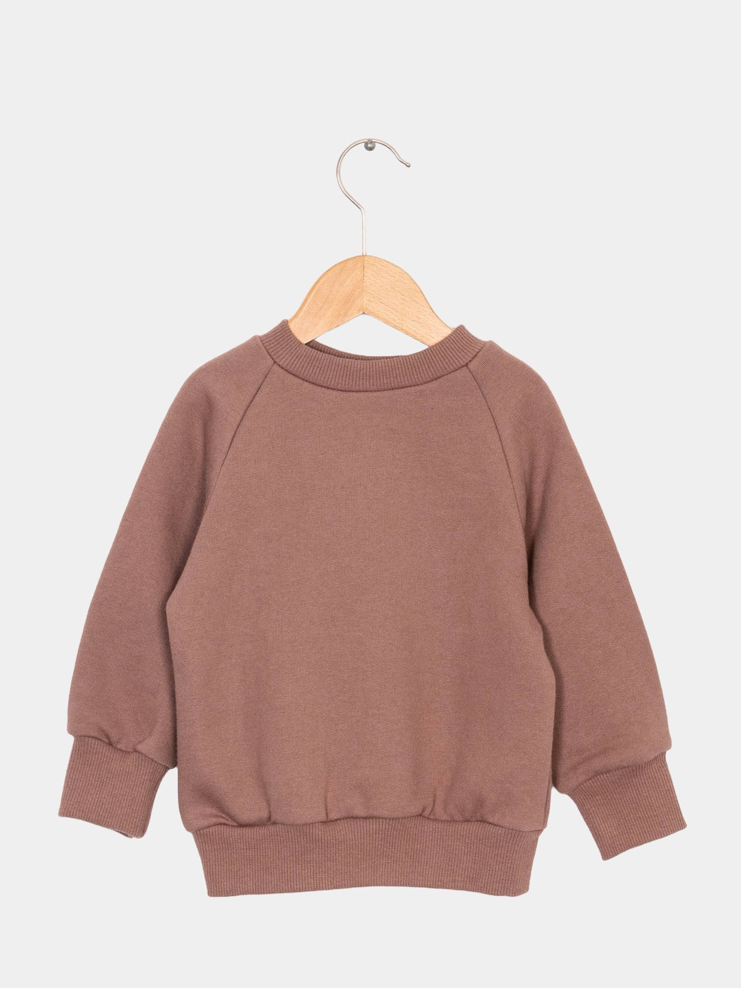Pulli Bio-Sweat - Zimt auf einem Holzschaukel präsentiert; aus GOTS-zertifizierter Bio-Baumwolle, kuschelig weich und komfortabel, ideal für Kinder und langlebig. Perfekt kombinierbar mit Knickerbockern.