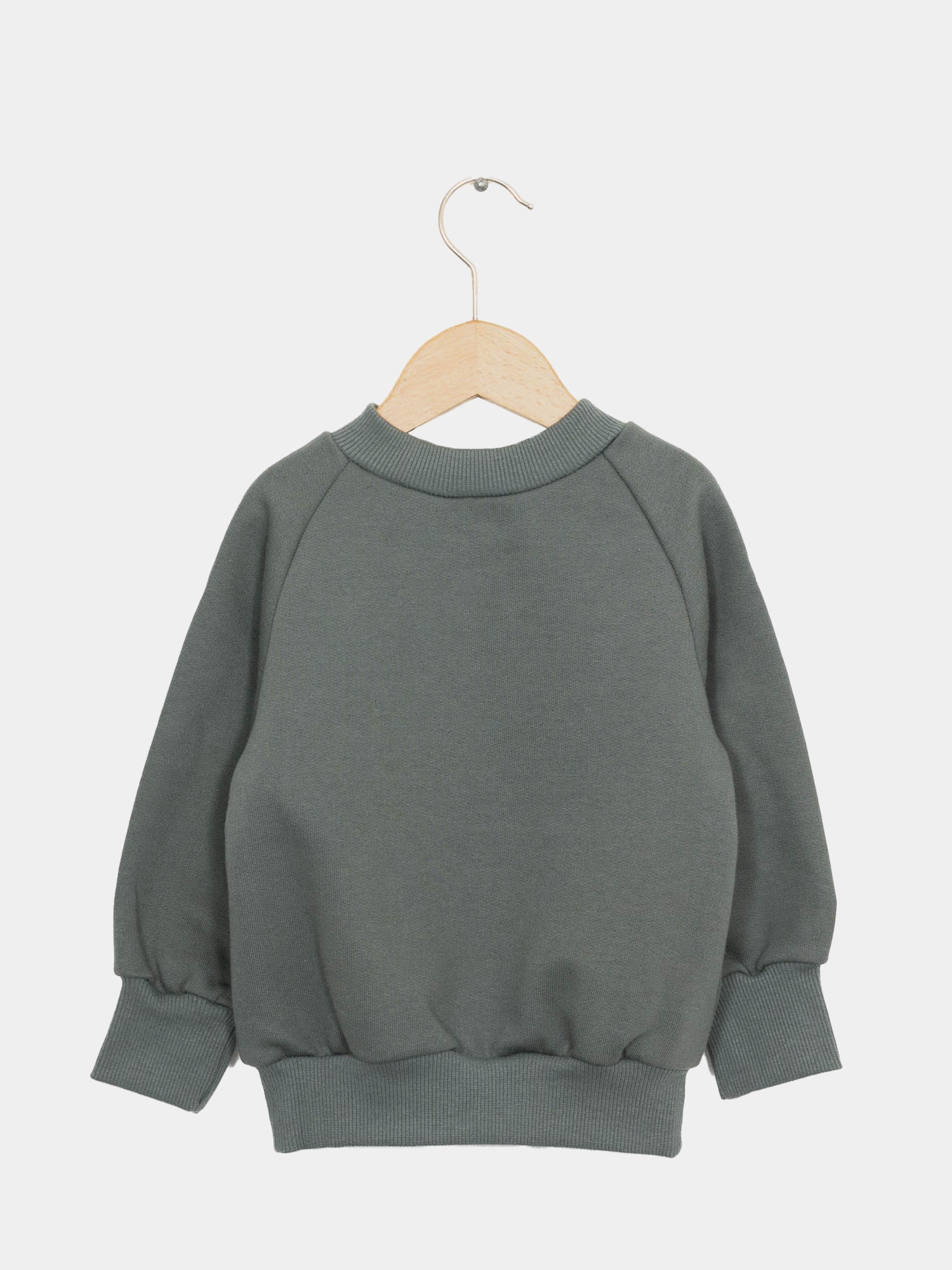 Der Pulli Bio-Sweat - Taube hängt auf einem Kleiderbügel und zeigt seinen kuscheligen, weichen Stoff. Ein komfortables Basic für Kinder, das 2-3 Jahre mitwächst, aus Bio-Baumwolle.