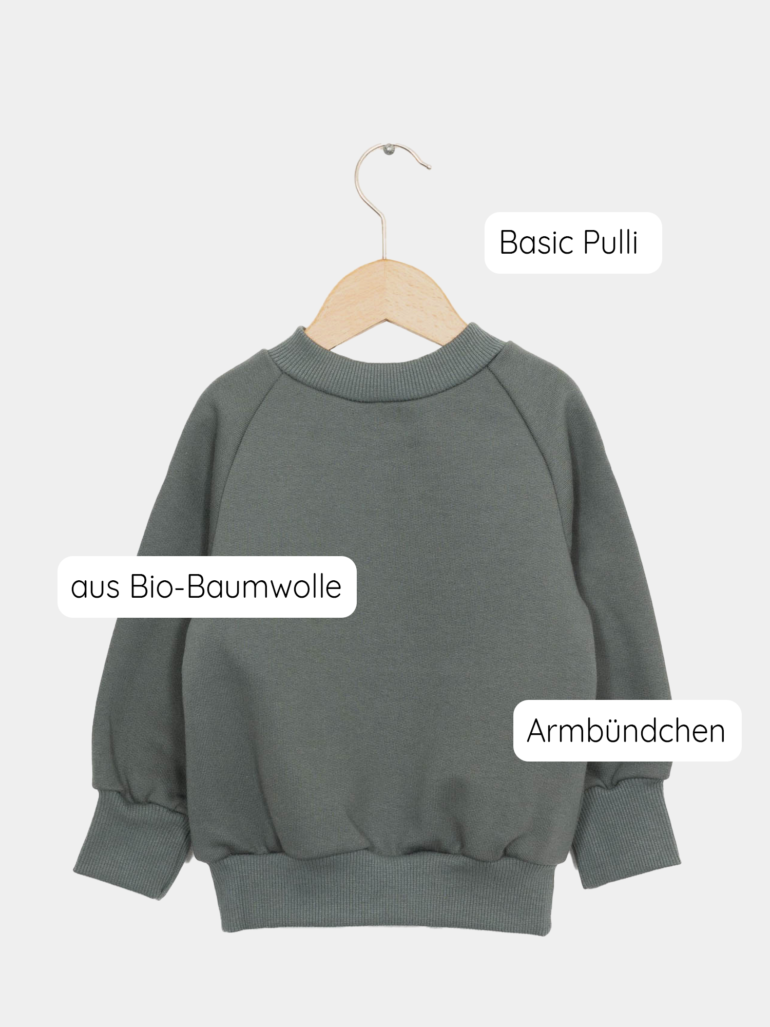 Pulli Bio-Sweat - Taube: Grauer Pullover aus GOTS-zertifizierter Bio-Baumwolle, präsentiert auf einer Schaukel. Er ist innen weich, bequem und für Kinder mitwachsend, ideal als tägliches Basic-Teil.