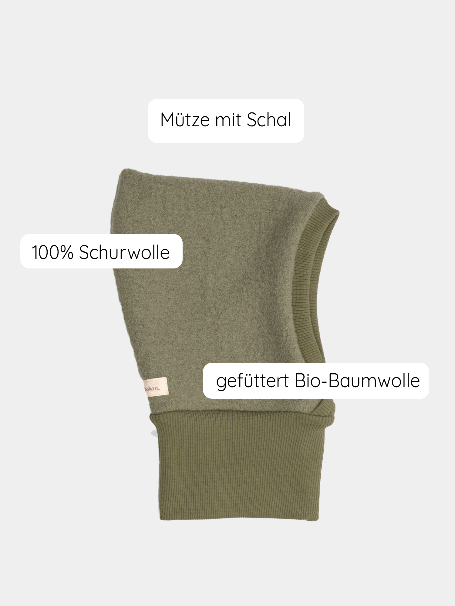 Schlupfmütze Wollwalk - Pistazie aus grünem, gestricktem Stoff mit weißem Text, kombiniert Schal und Mütze in einem, bietet optimalen Schutz und Tragekomfort.