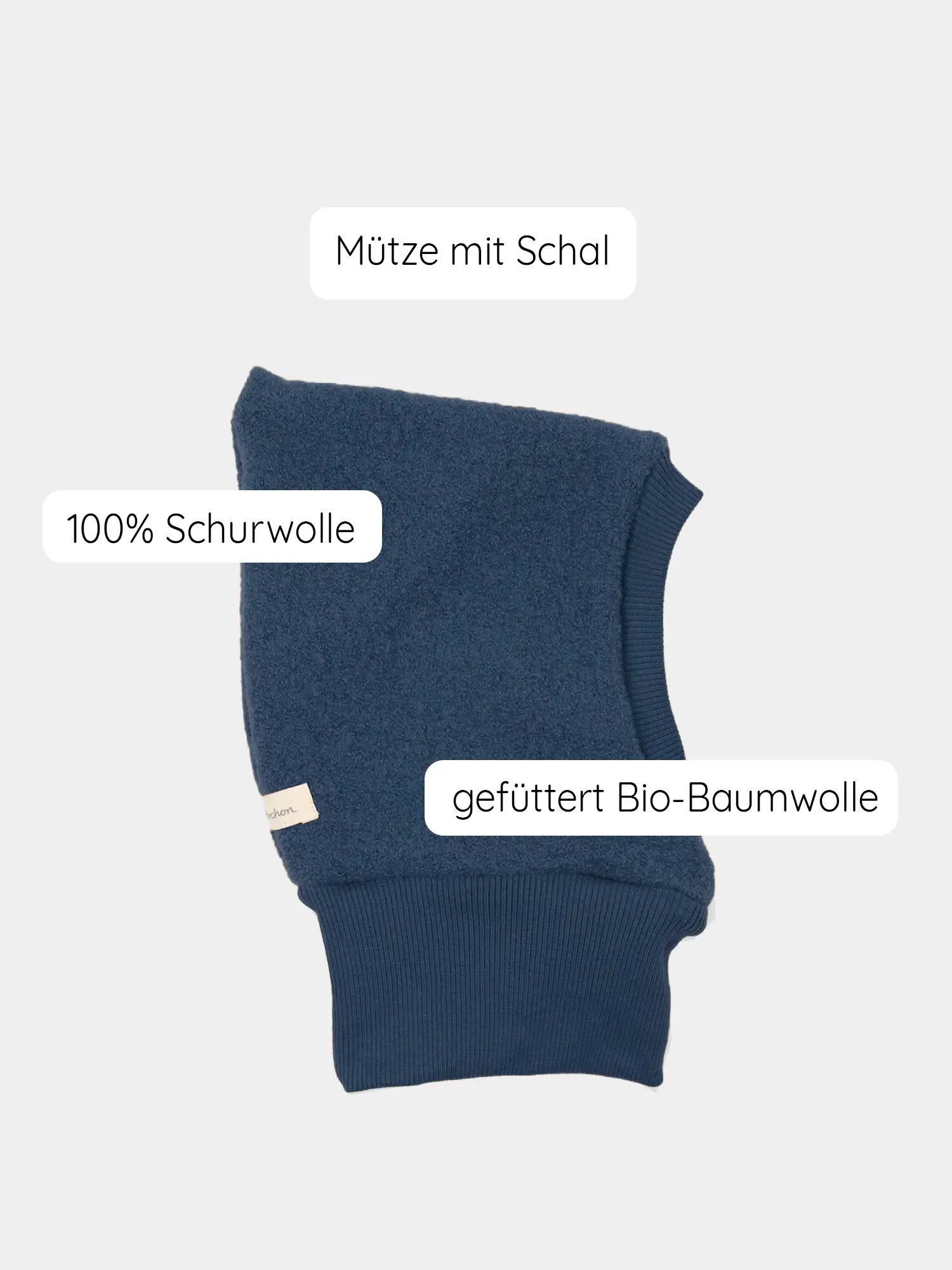 Schlupfmütze Wollwalk - Marine: Einteiliges Kopf- und Halstuch in tiefem Denimblau, 100 % Schurwolle, gefüttert mit Bio-Baumwolle. Handgefertigt in Berlin, schützt optimal vor Wind und Kälte.