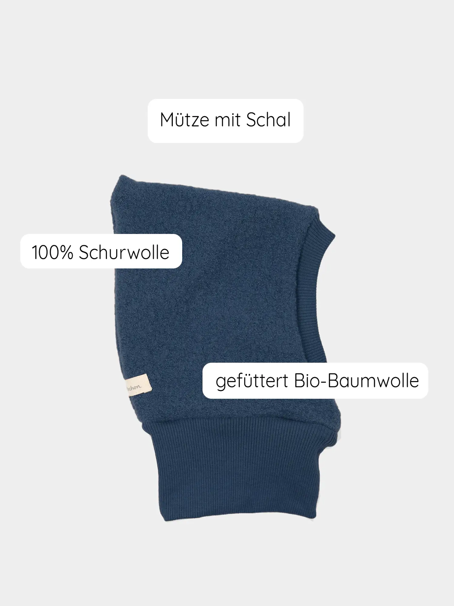 Schlupfmütze Wollwalk - Marine: Einteiliges Kopf- und Halstuch in tiefem Denimblau, 100 % Schurwolle, gefüttert mit Bio-Baumwolle. Handgefertigt in Berlin, schützt optimal vor Wind und Kälte.
