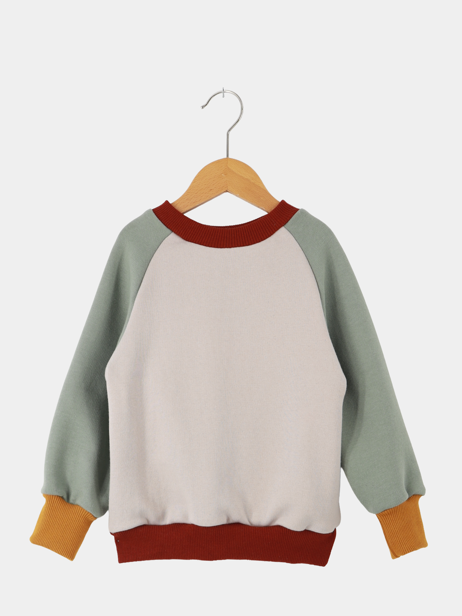 Der Upcycling-Pulli Bio-Sweat - Farbenzauber präsentiert seine Rückseite, gefertigt aus kuschelweicher Bio-Baumwolle. Kinderfreundliches Design mit farblich abgesetztem Kragen und Säumen, betont Nachhaltigkeit und stilvollen Komfort.