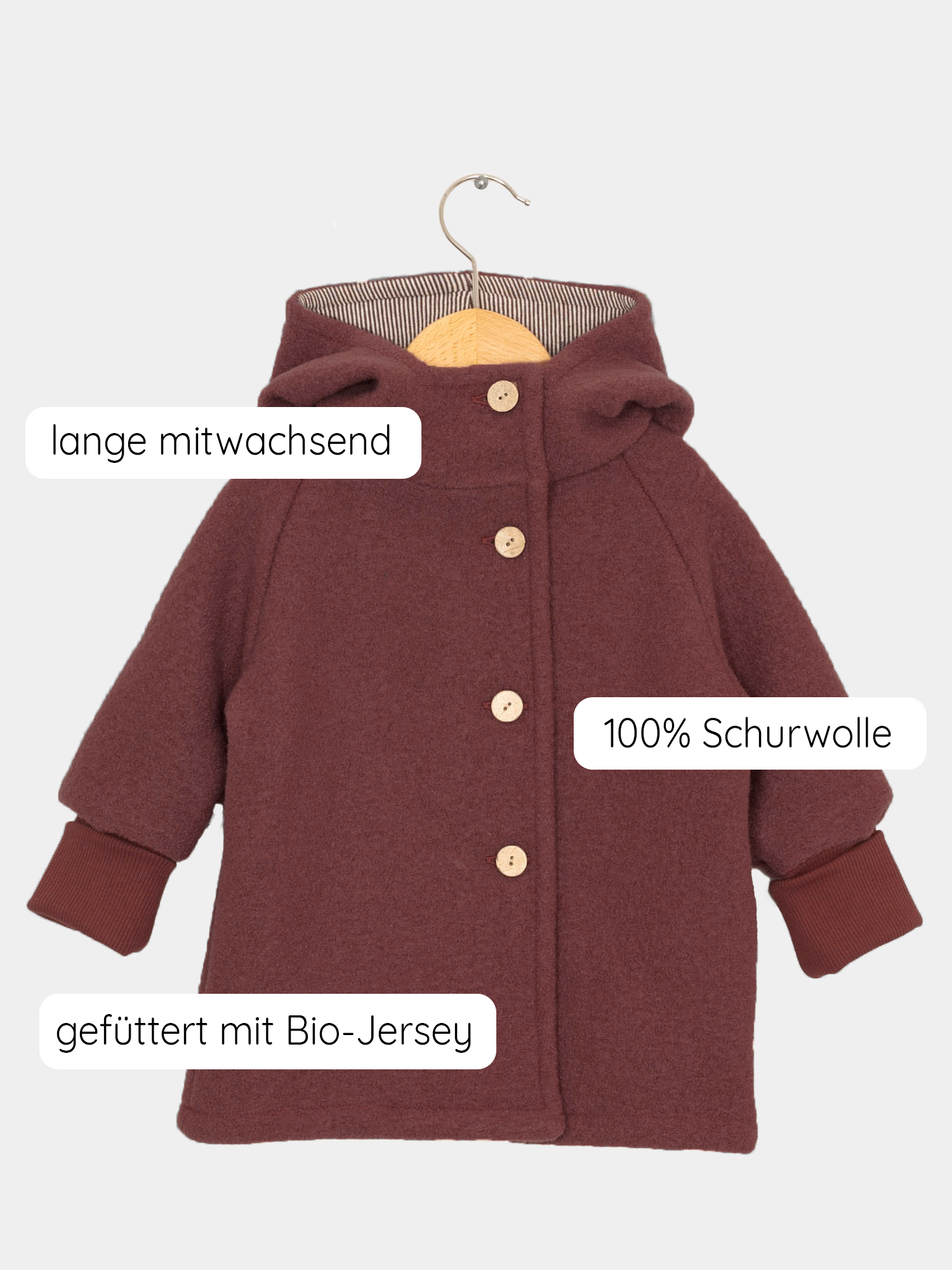 Wichteljacke Wollwalk - Ziegel: Kinderjacke aus burgund-braunem Wollwalk, gefüttert mit Bio-Jersey, wächst mit und hat vier Holzknöpfe sowie ribbelbare Bündchen. Nachhaltig, handgefertigt.
