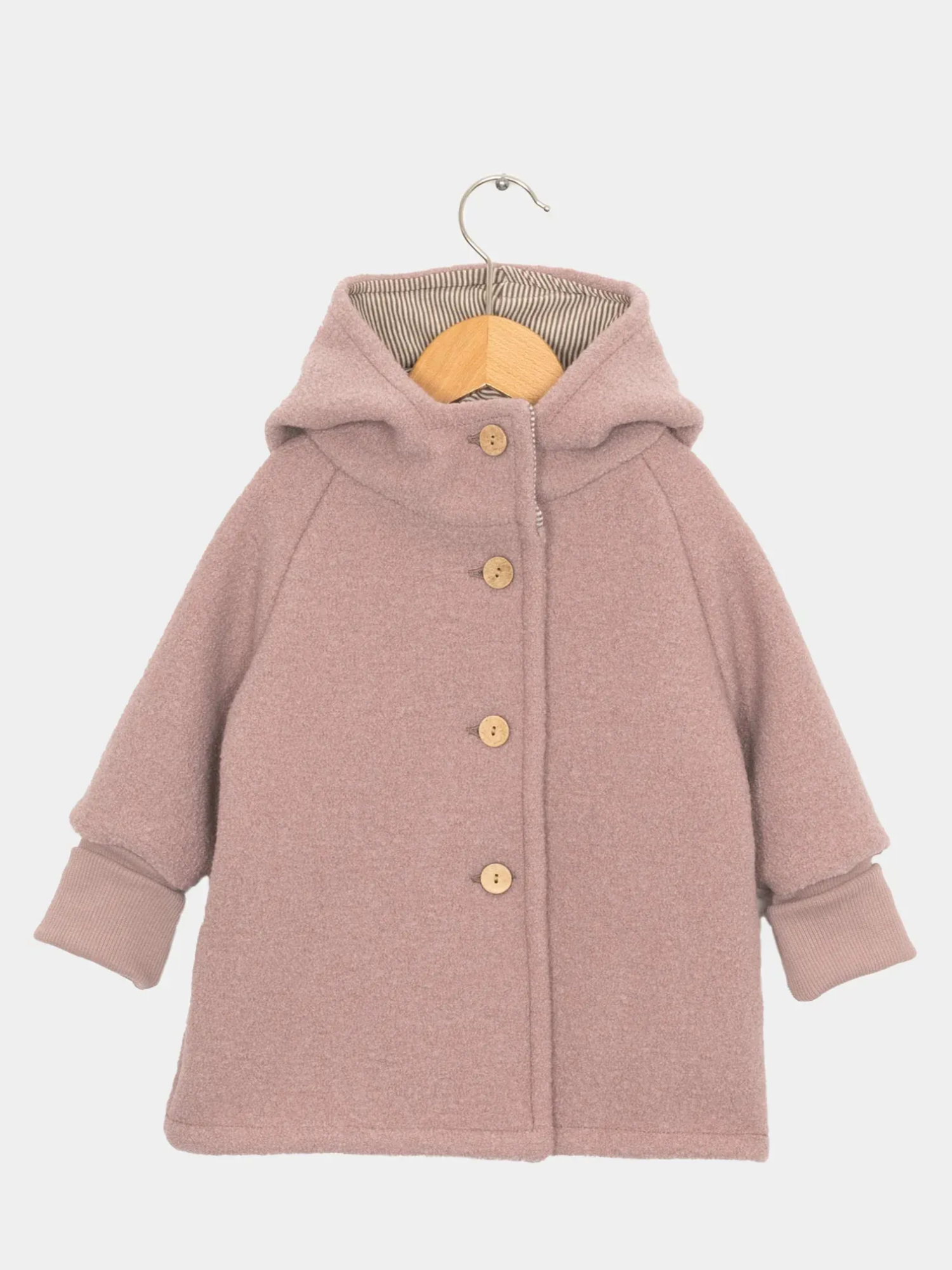 Wichteljacke Wollwalk - Puder: Kinderjacke aus weichem Wollwalk mit Kapuze, gefüttert mit Bio-Jersey. Vier Holzknöpfe, krempelbare Bündchen. Ideal für Herbst, Winter und Frühling.