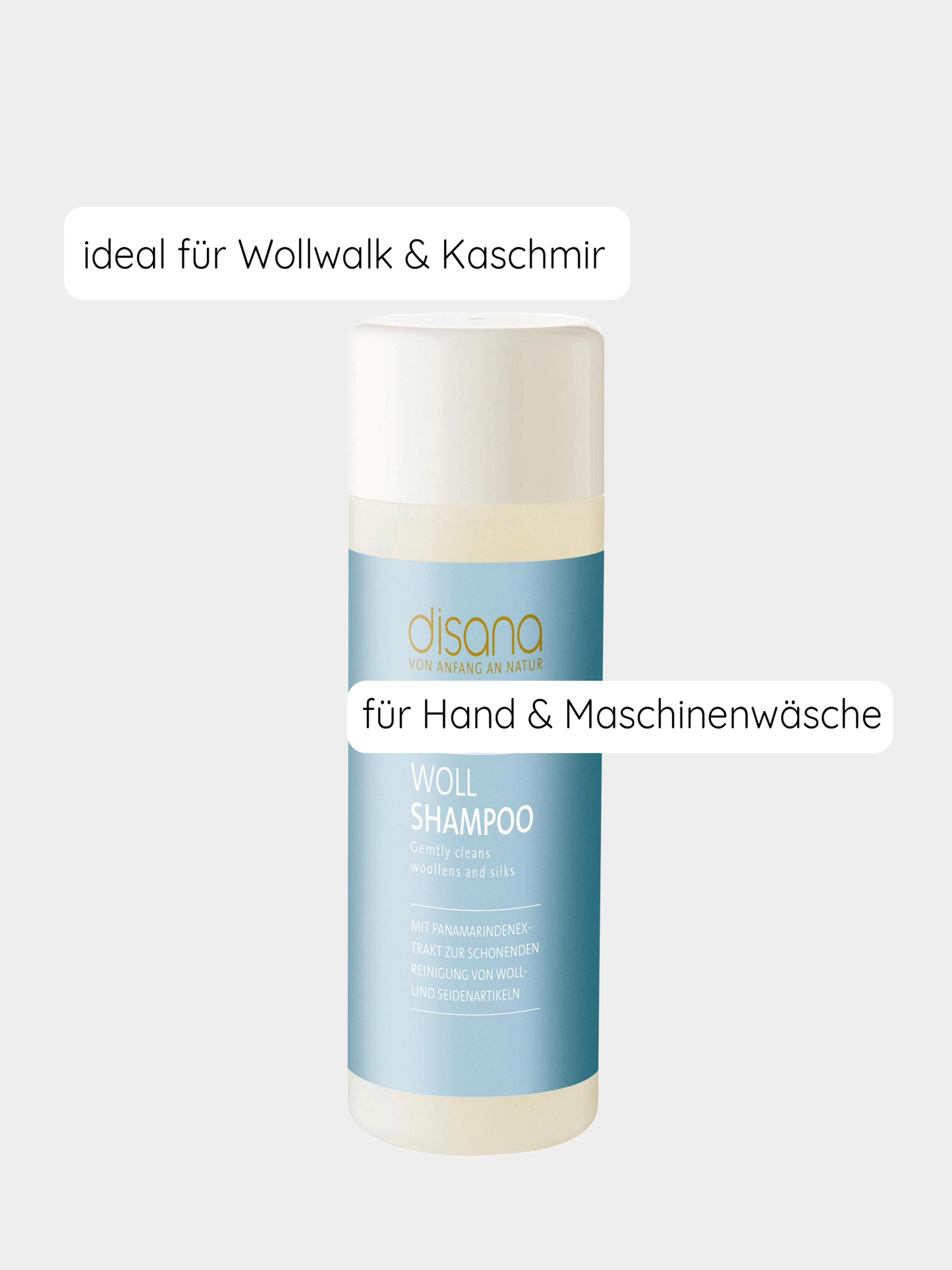 Anwendungshinweise für Wollshampoo: Empfehlung zur Handwäsche von Wollartikeln mit 5 ml Shampoo auf 4 Liter kaltem Wasser.