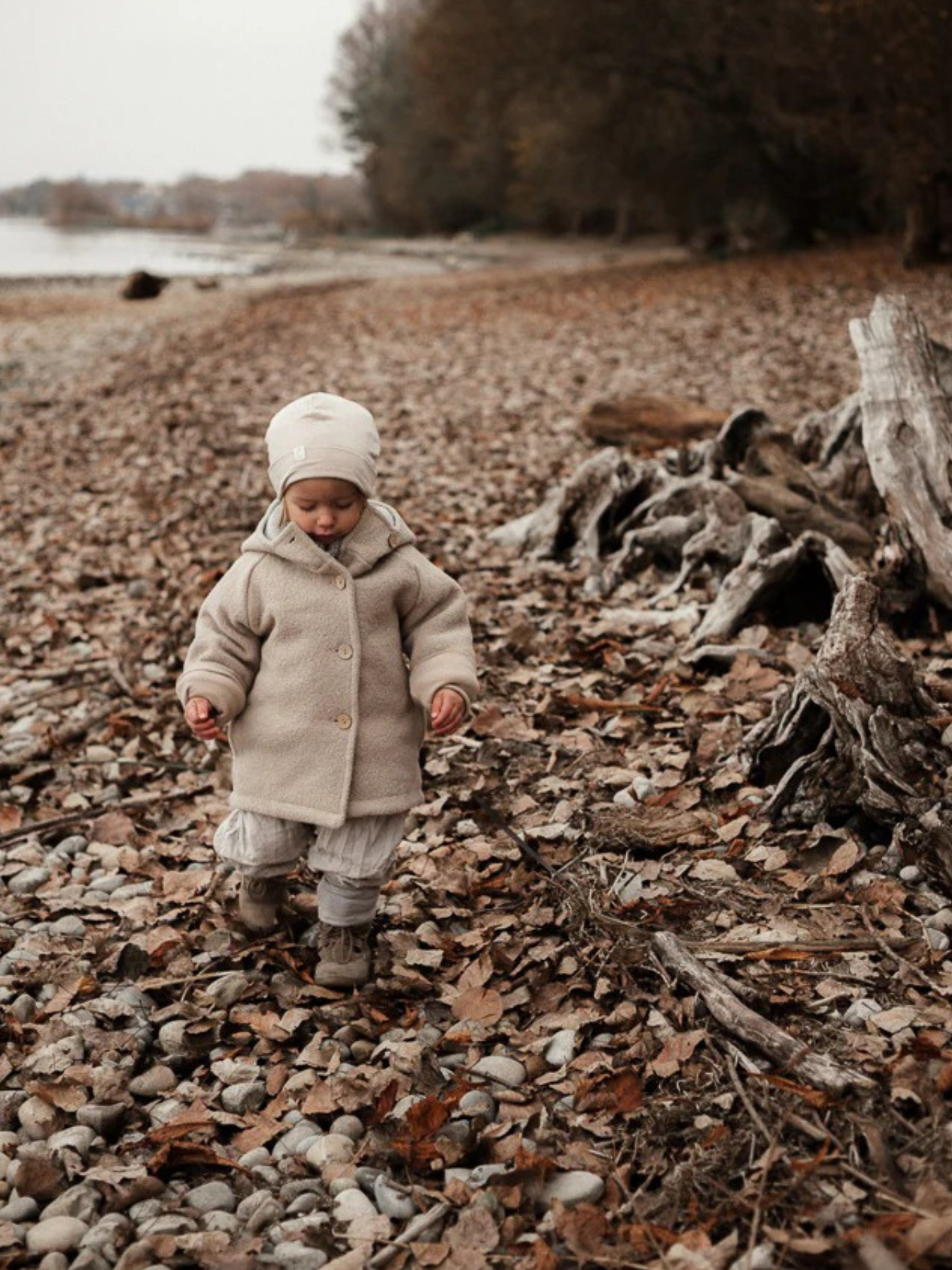 Ein Kleinkind trägt die Wichteljacke Wollwalk - Sand von PETIT COCHON, während es an einem herbstlichen Ufer spaziert. Die Jacke bietet Bewegungsfreiheit und ist mit Bio-Jersey gefüttert.