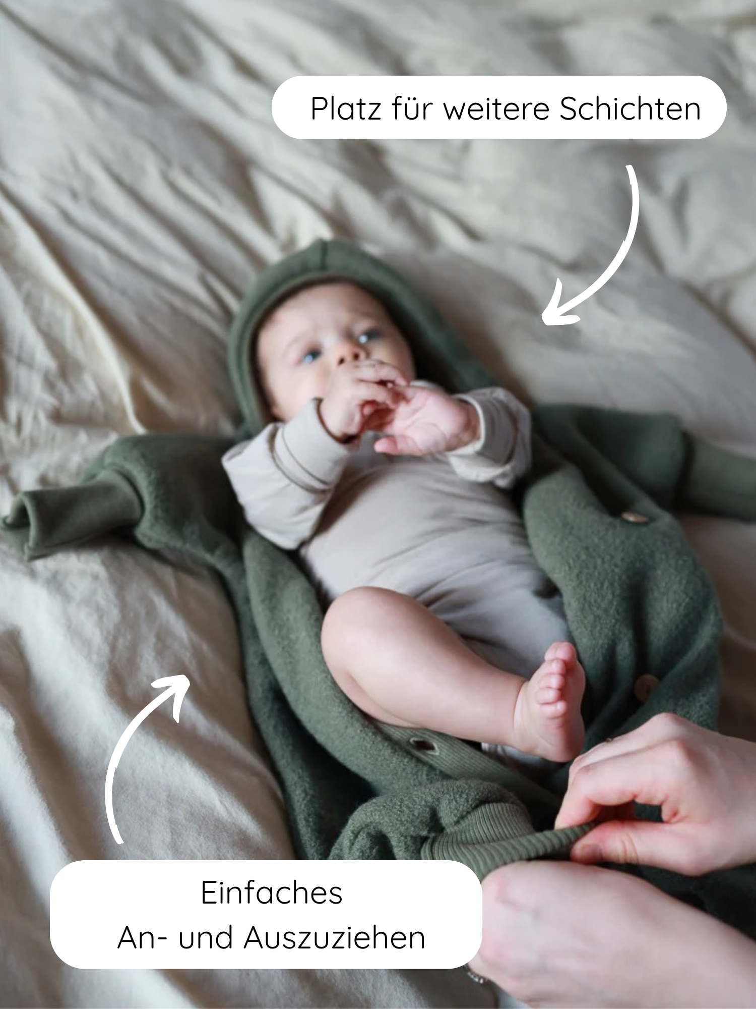 Kleines Baby, eingehüllt in den Kuschelanzug Wollwalk - Pistazie, wird von Erwachsenen behutsam angezogen. Der Anzug bietet Bewegungsfreiheit und einfache Handhabung, ideal für verschiedene Jahreszeiten.