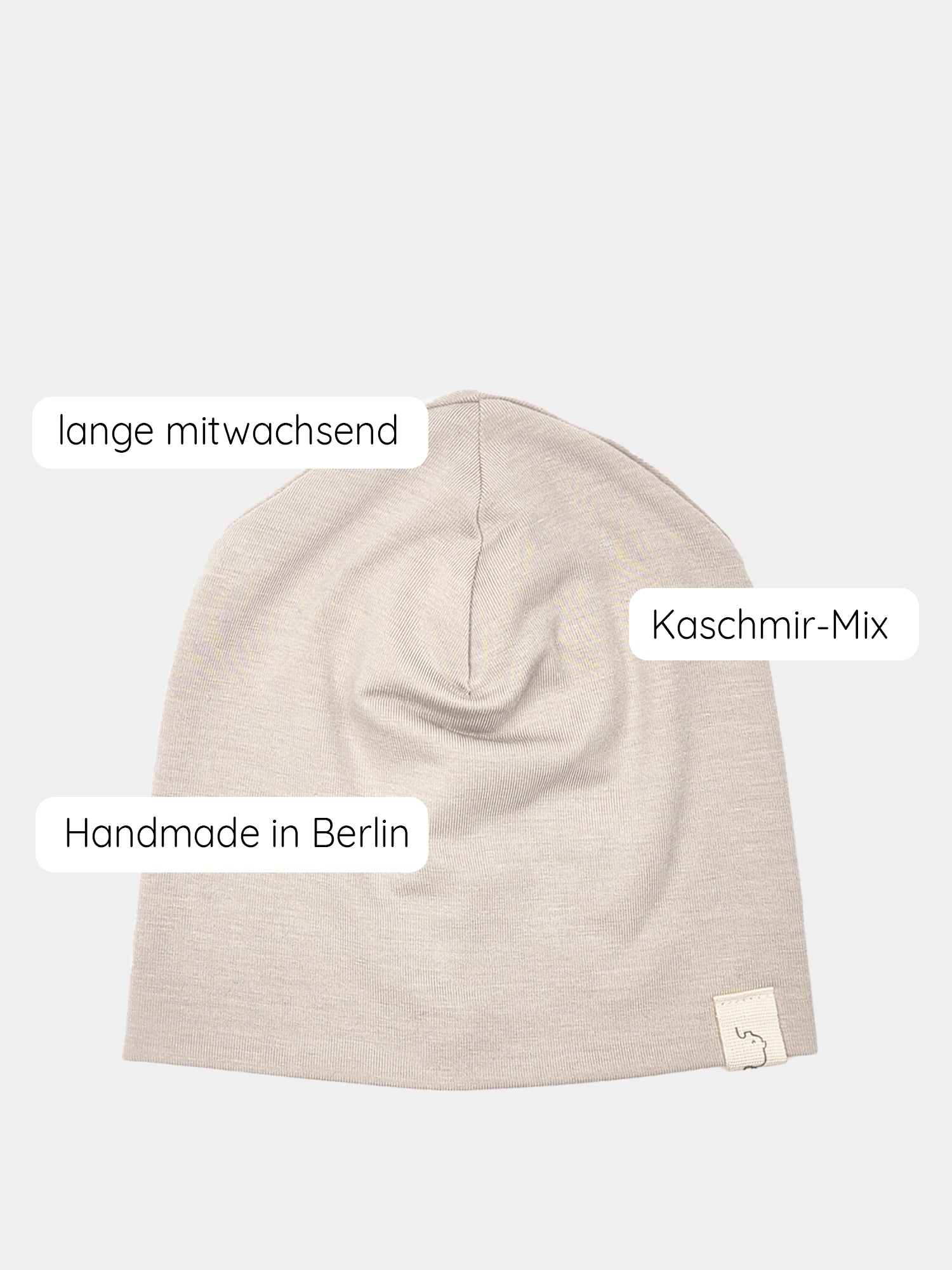 Beanie Kaschmir-Mix - Sand: Weiche, handgemachte Beanie-Mütze aus Kaschmir-Micromodal-Mix, ideal für jede Jahreszeit, schützt und passt unter Helme und Kapuzen, luxuriös für alle Altersgruppen.