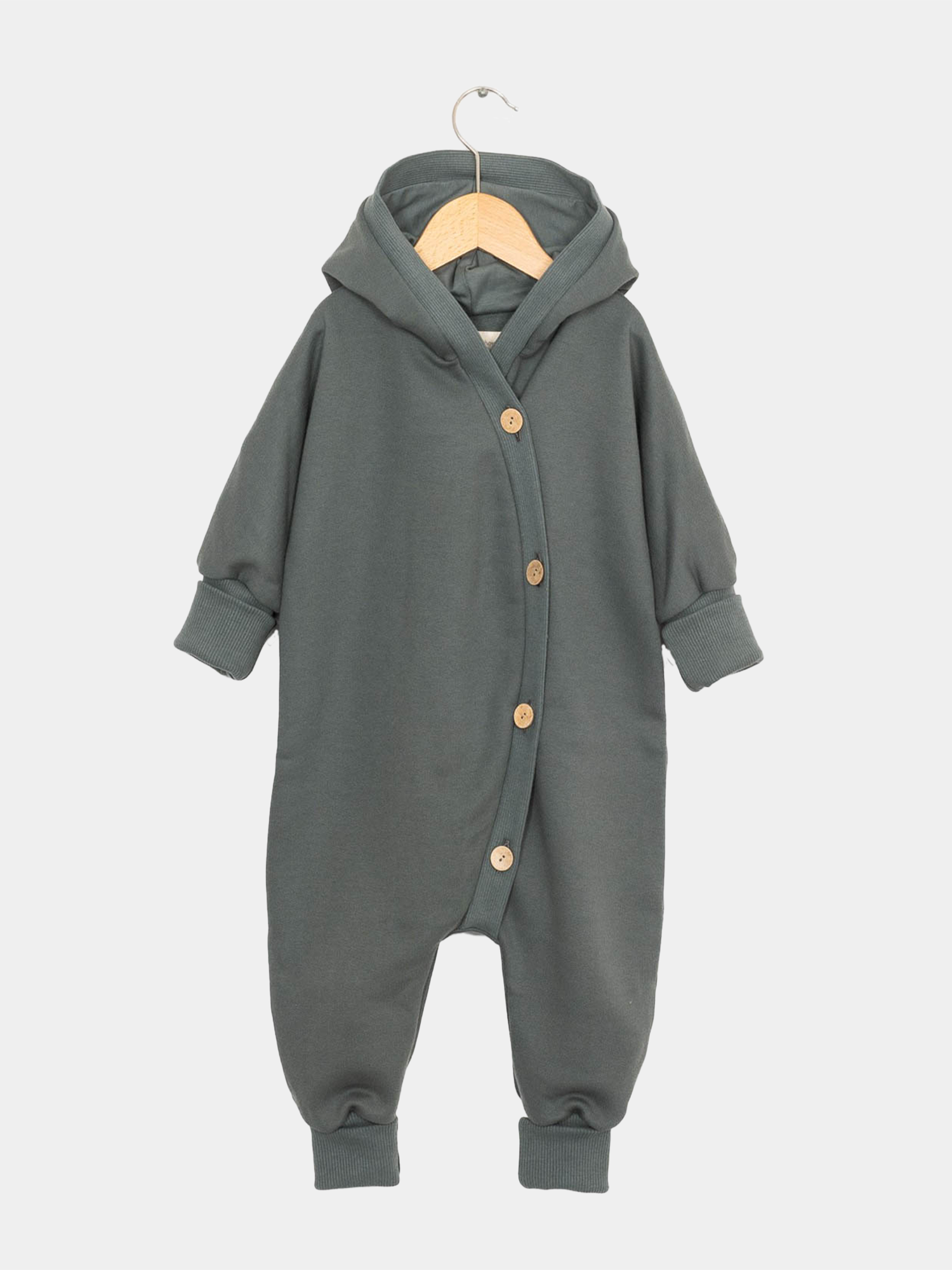 Kuschelanzug Bio-Sweat - Taube: Grauer Baby-Overall mit Kapuze, aus weichem Bio-Baumwoll-Sweat, ideal für drinnen und draußen, mitwachsend durch Krempelbündchen.