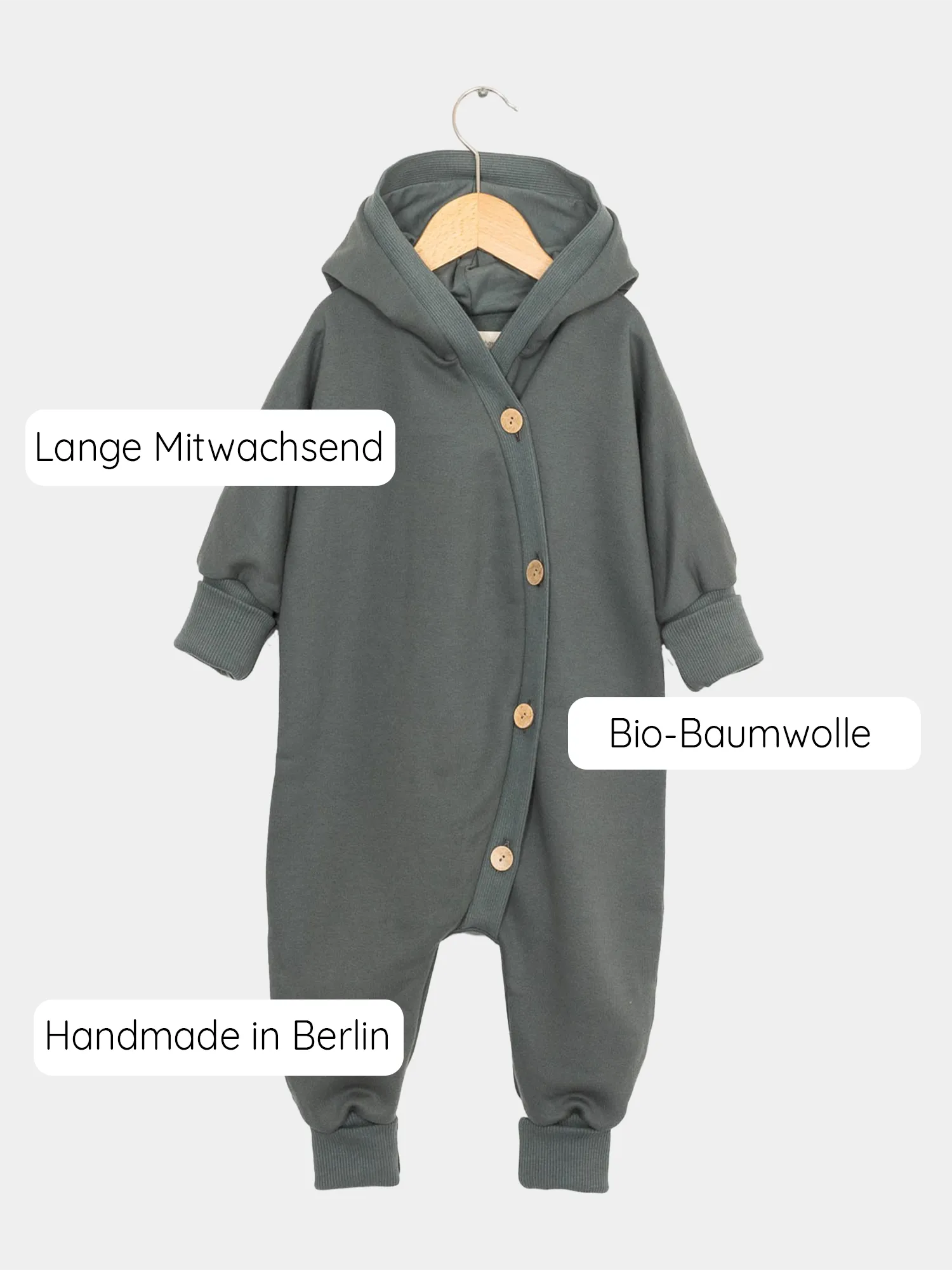 Kuschelanzug Bio-Sweat - Taube: Grauer Baby-Romper mit Knöpfen, Wichtelkapuze und Krempelbündchen, aus weicher, angerauter Bio-Baumwolle, ideal für verschiedene Jahreszeiten,  Erstausstattung Baby und Baby Geschenk zur Geburt.