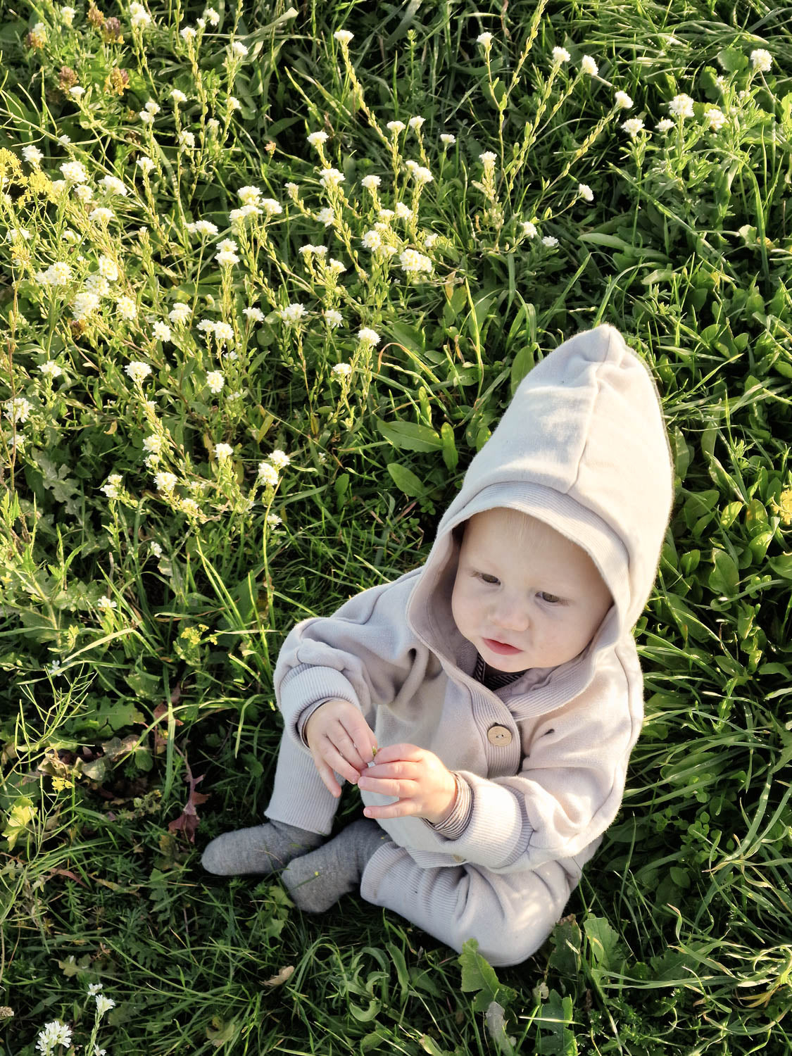 Ein Baby sitzt im Gras und trägt den Kuschelanzug Bio-Sweat - Sand mit gemütlicher Wichtelkapuze, ideal für drinnen und draußen.