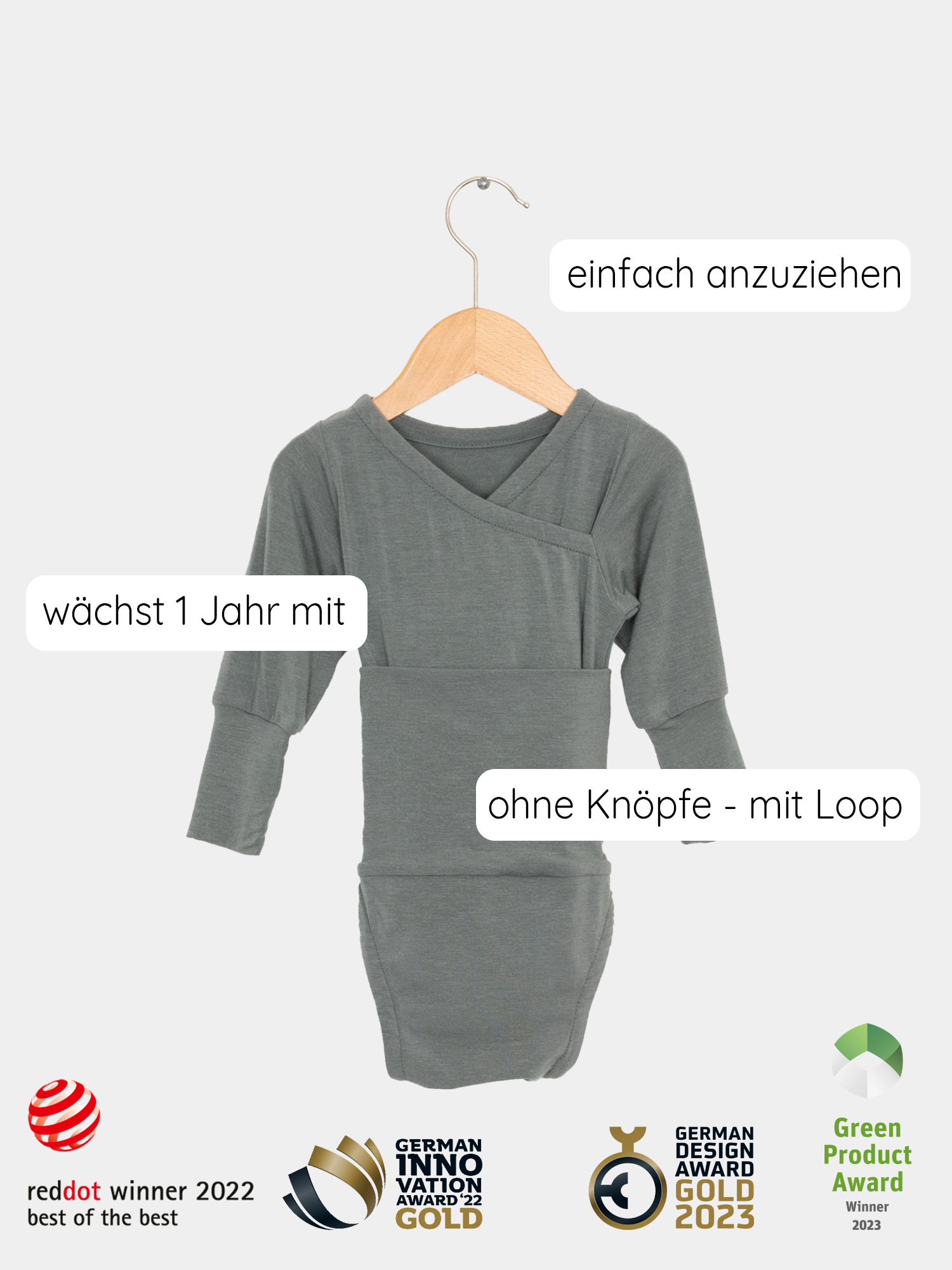 Loopbody Kaschmir-Mix - mitwachsender Babybody in Taube auf einem Bügell, aus weichem Kaschmir-Modal-Mix, ohne Knöpfe, für optimale Bequemlichkeit und Passform.
