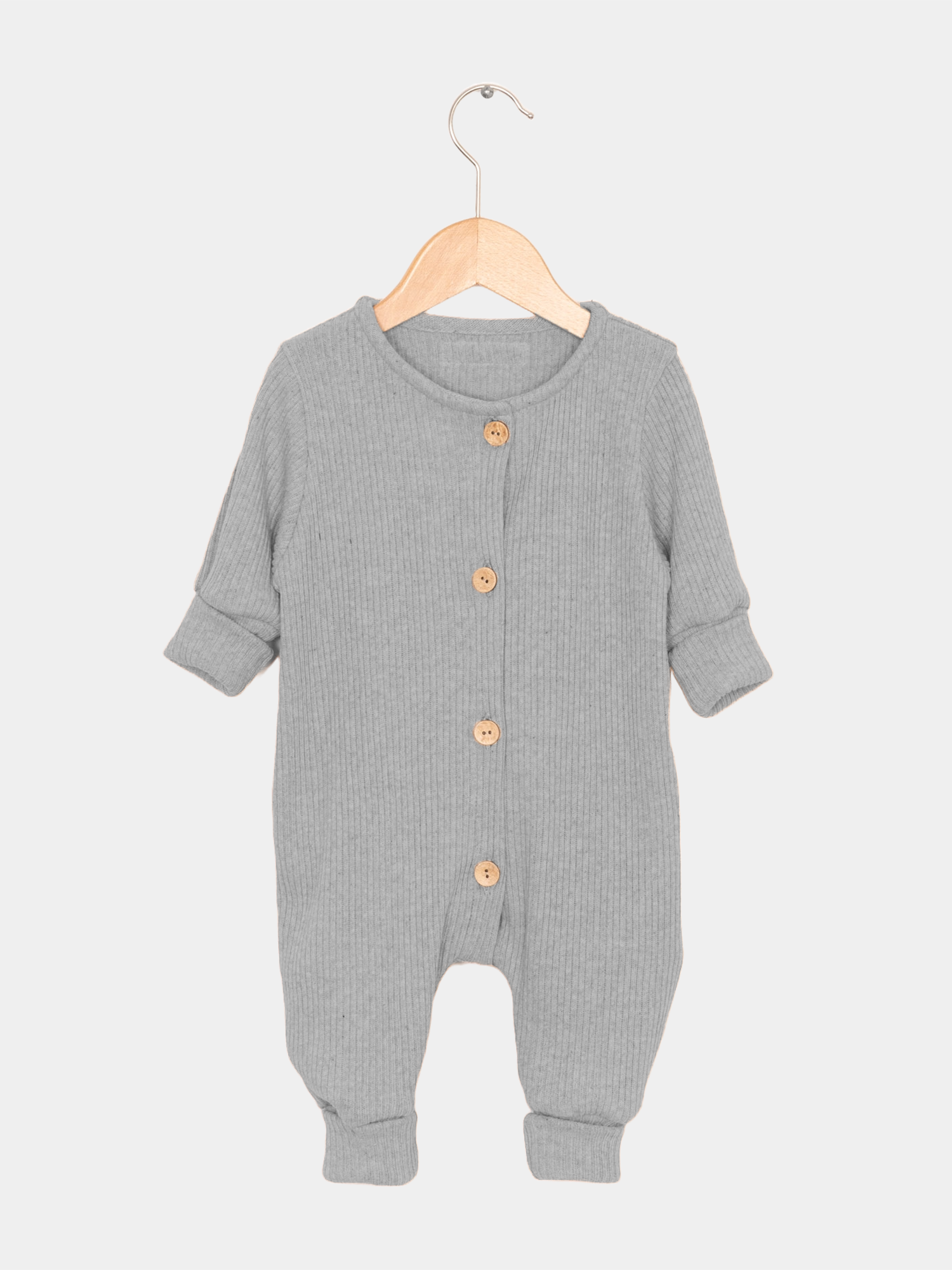 Mini Overall Rippstrick - Maus. Grauer Strickoverall mit Knöpfen, gekrempelten Bündchen und tiefem Schritt, aus recycelter Baumwolle, bietet Komfort für Neugeborene und Kleinkinder.  Erstausstattung Baby und Baby Geschenk zur Geburt.