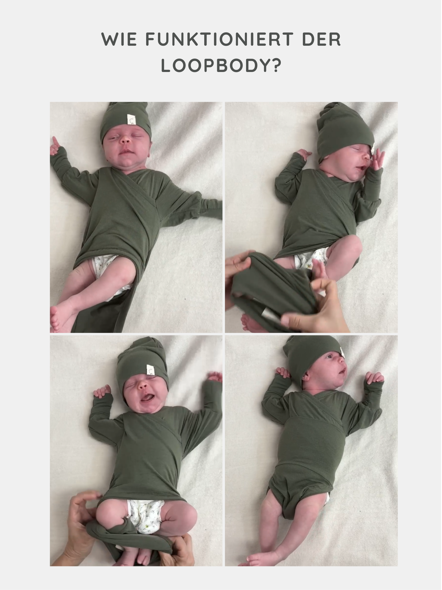 Loopbody Kaschmir-Mix - Pistazie: Vier Fotos zeigen, wie ein Neugeborenes behutsam in einen weichen, wickelbaren Body ohne Knöpfe gekleidet wird, der sich sanft um den Bauch schmiegt.