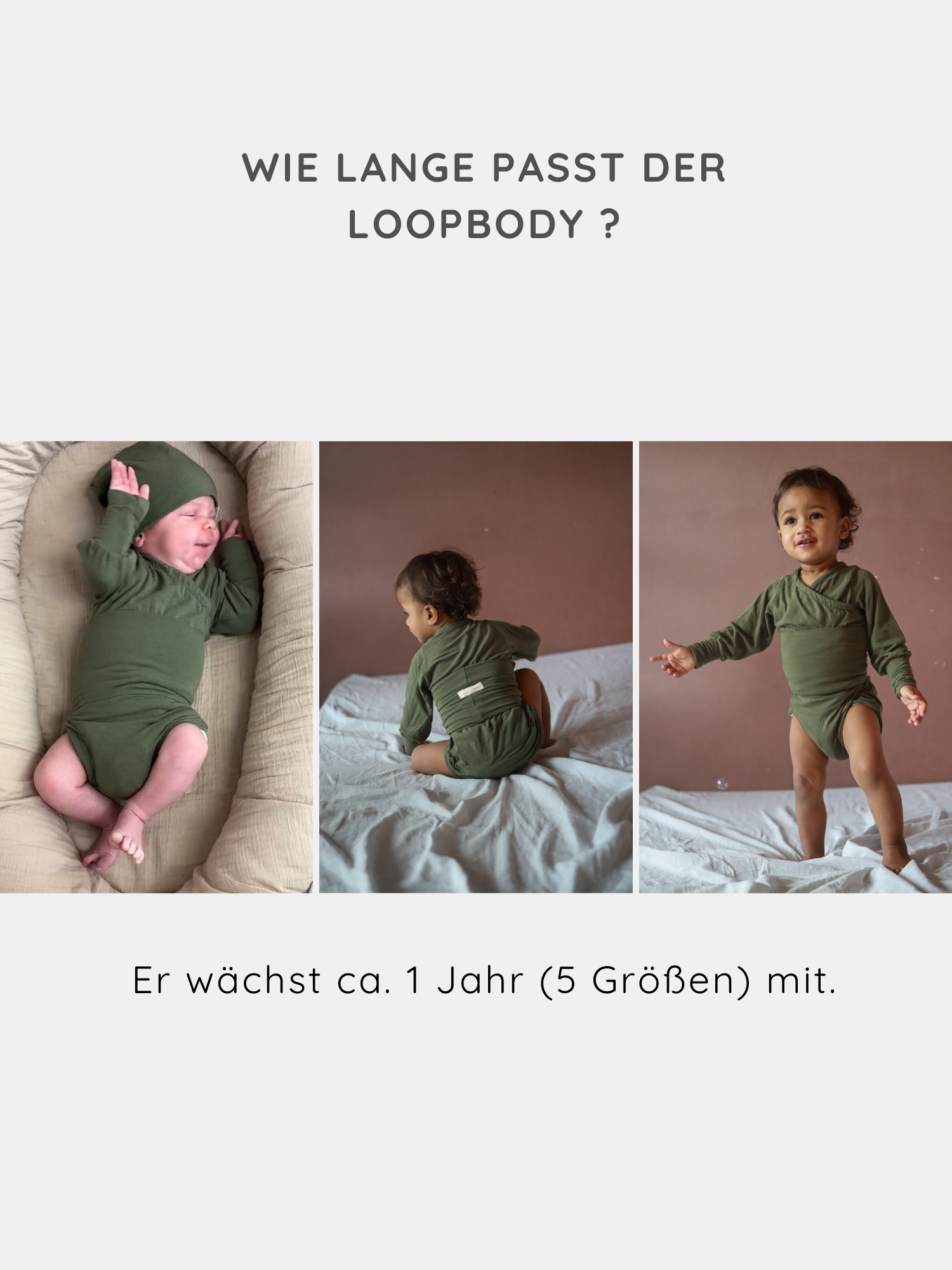 Loopbody Kaschmir-Mix - Pistazie: Drei Fotos zeigen ein Baby in unterschiedlichem Alter im selben grünen, langärmeligen Wickelbody, der sich anpasst und mitwächst, um bis zu einem Jahr getragen zu werden.