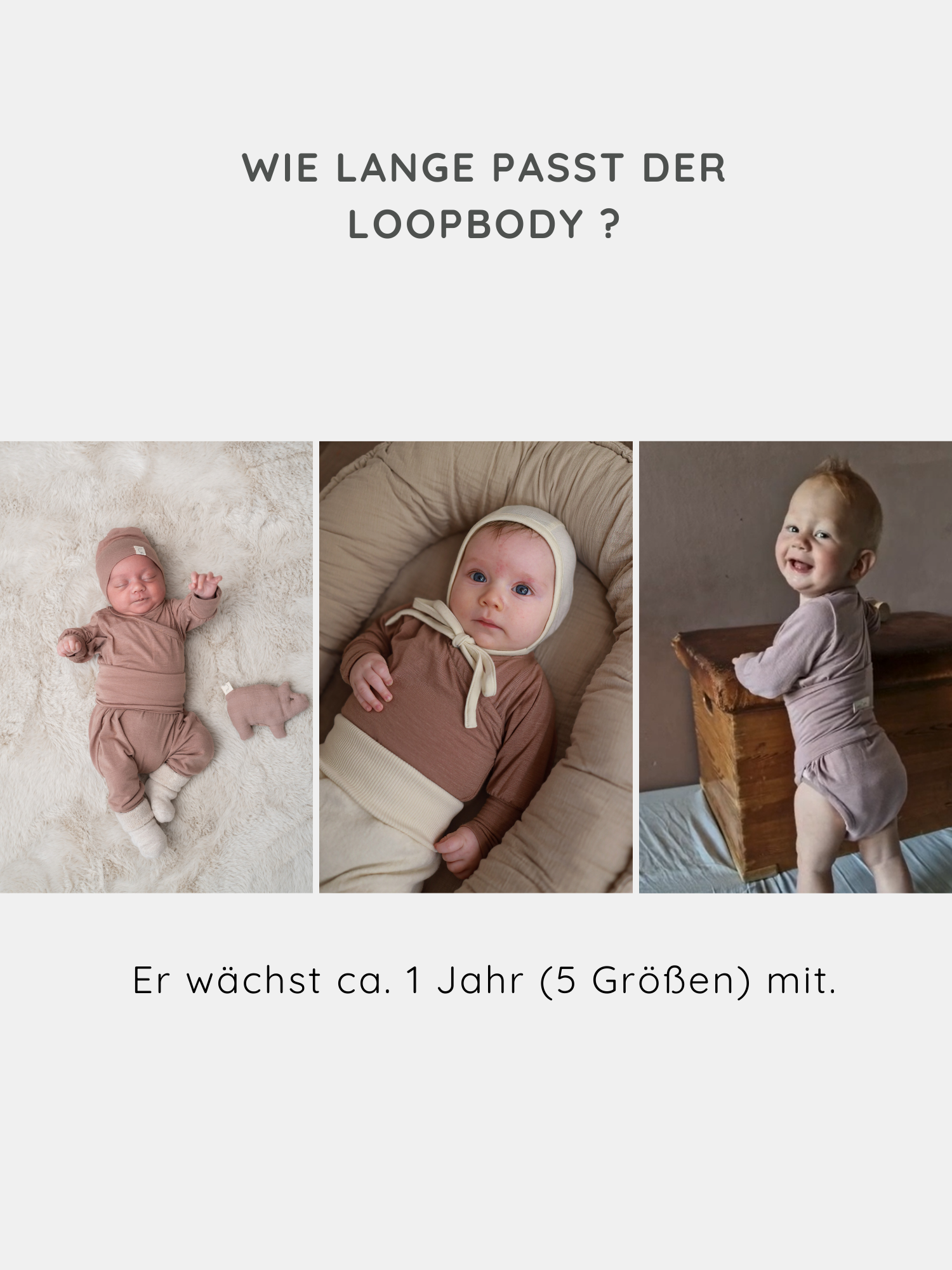 Loopbody Kaschmir-Mix - Puder: Drei Babys in verschiedenen Altersstufen tragen denselben dehnbaren Langarmbody. Der Body passt ein Jahr lang, wächst mit und bietet Komfort ohne Knöpfe.