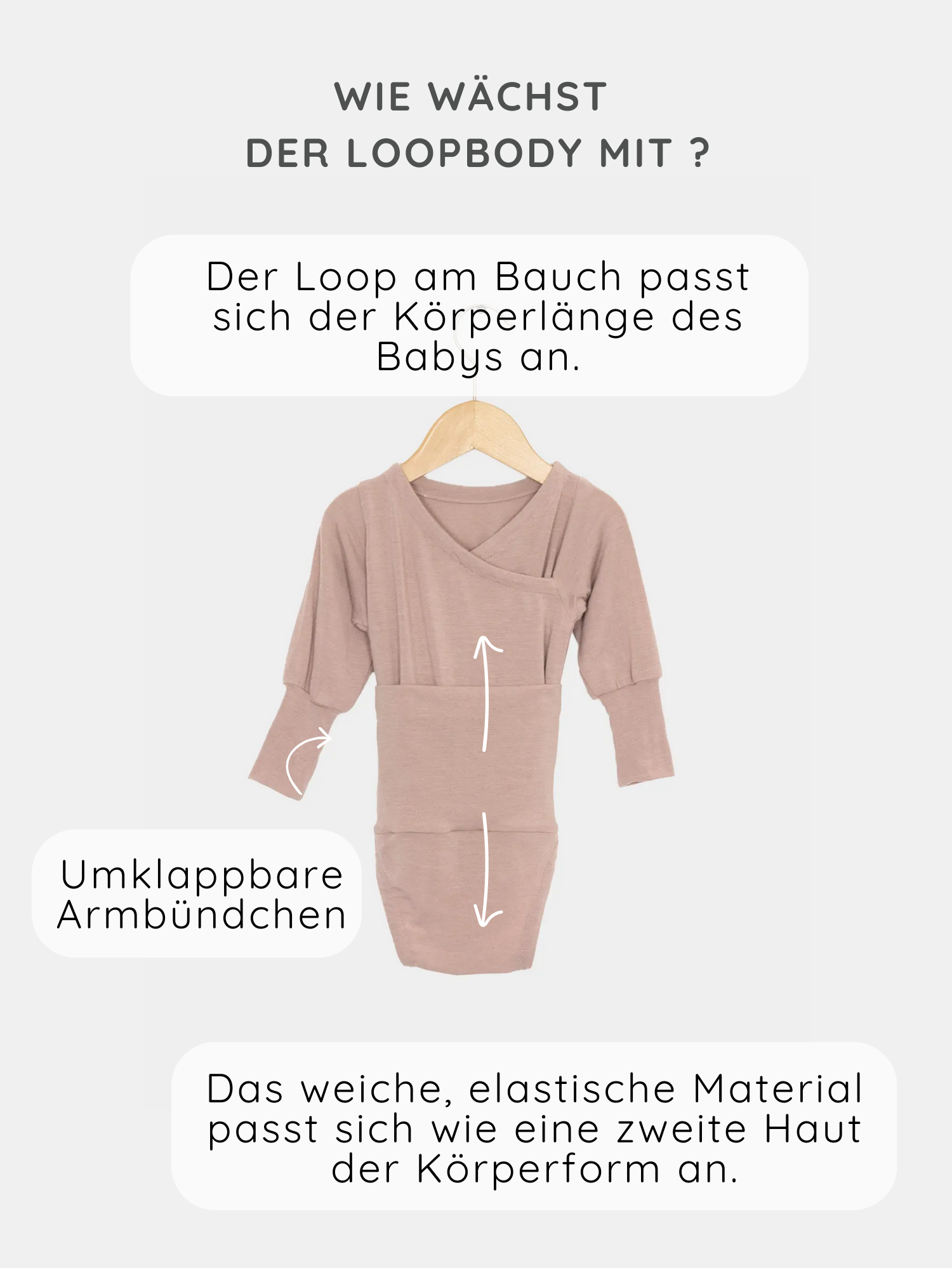 Loopbody Kaschmir-Mix - Puder: Beige Langarm-Loopbody auf einem Bügel mit verstellbarem Bauch-Loop, umklappbaren Armbündchen und weichem, elastischem Material für optimale Anpassung an das Babywachstum.
