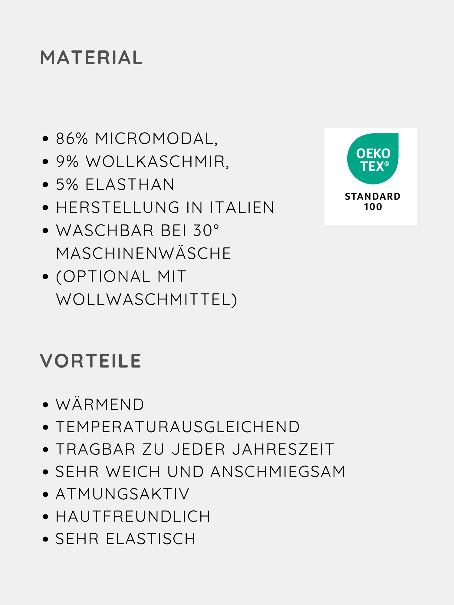 Loopbody Kaschmir-Mix - Pistazie: Produktdatenblatt mit Material- und Vorteilsliste. Enthält OEKO-TEX® Standard 100 Logo, Hinweise zur Herstellung in Italien und Pflegeanweisungen. Patentiertes, preisgekröntes Design, weich, atmungsaktiv, hautfreundlich.
