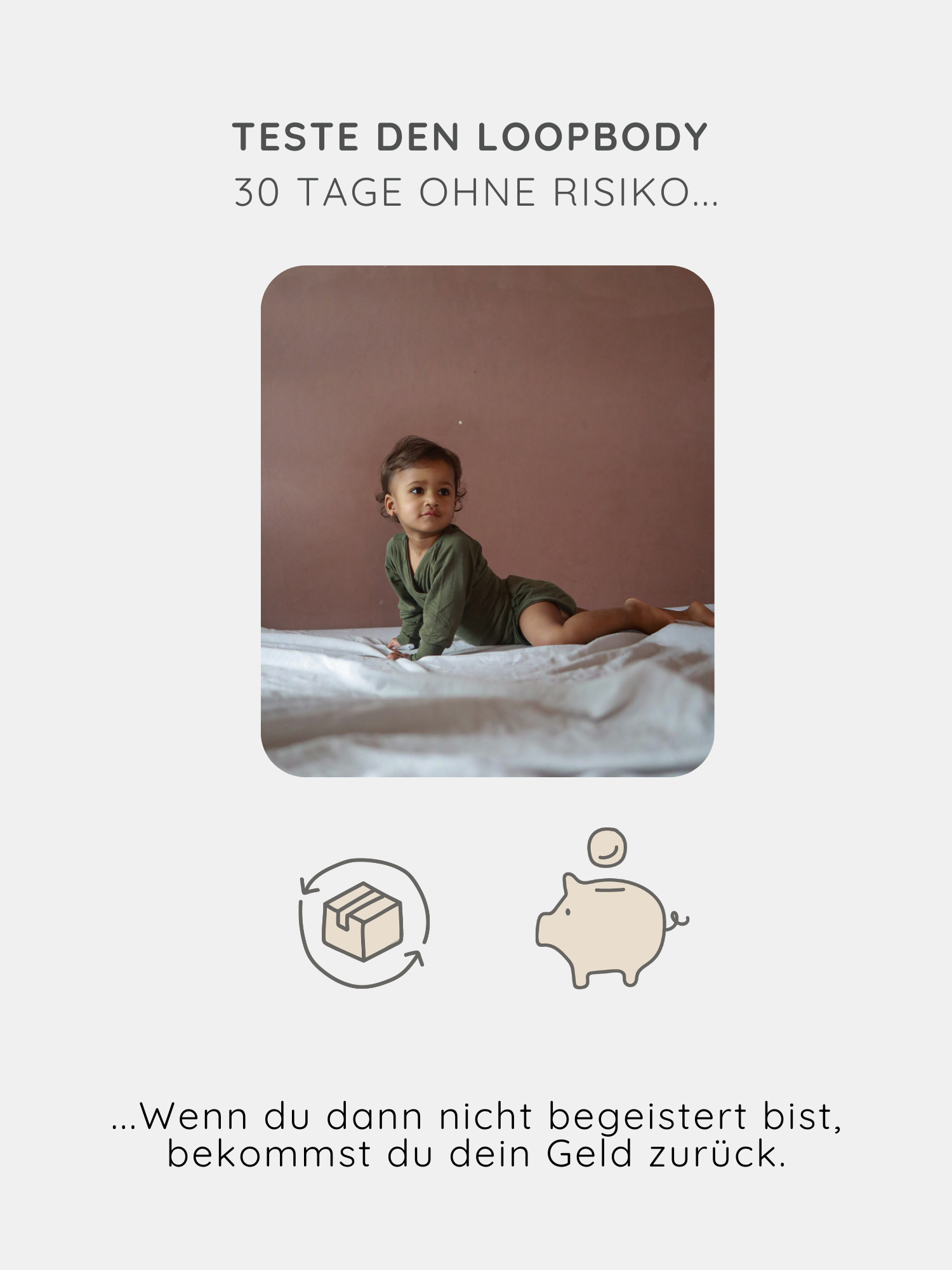 Kleinkind auf dem Bett trägt Loopbody Kaschmir-Mix - Pistazie, langärmlig und ohne Knöpfe, mit innovativem Loop-Design für Wärme und einfaches Anziehen, ideal für Komfort und Bewegungsfreiheit.