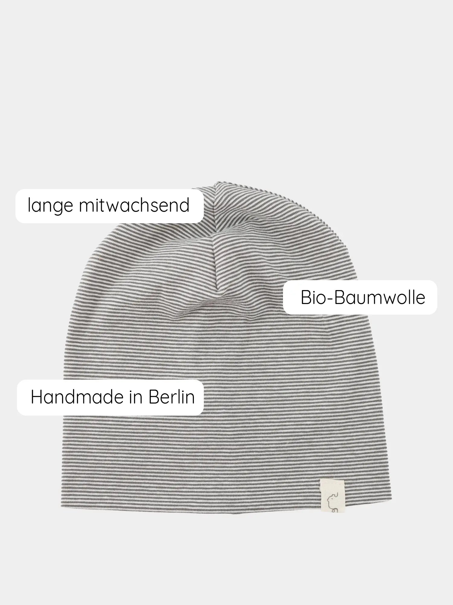 Beanie Bio-Baumwolle - Ringel Maus: Weiche, grauweiß gestreifte Mütze aus Bio-Baumwolle, handgemacht in Berlin. Langlebig, elastisch und nahtlos für empfindliche Haut, ideal für Kinder und unter Helmen.