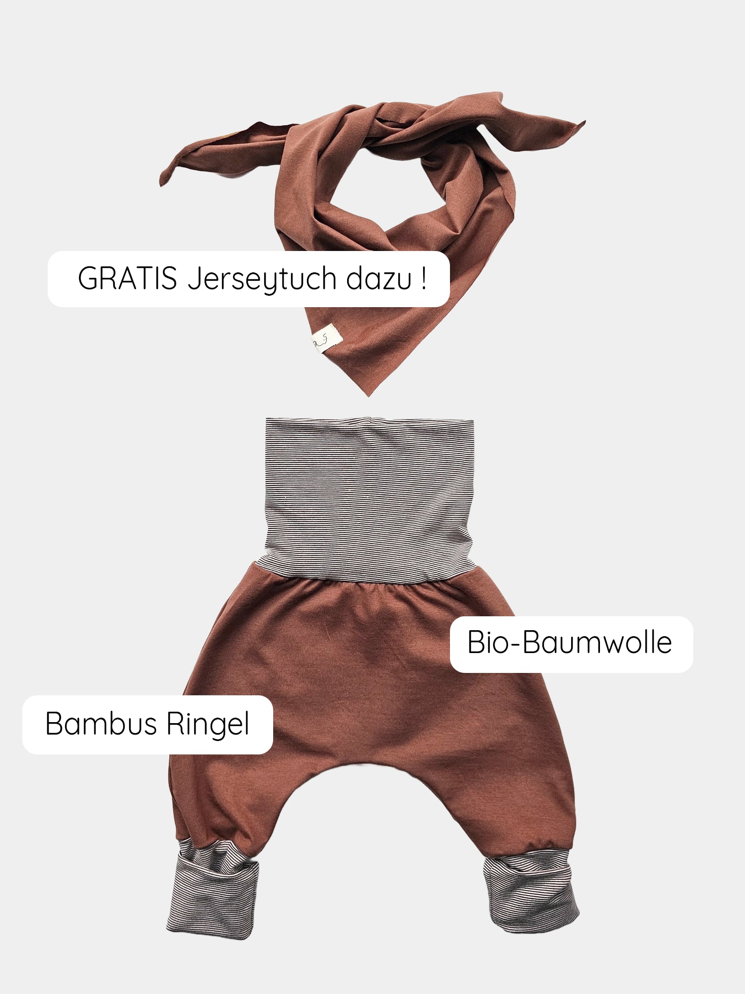 Babyknicker Jersey - Zimt: Babyhose aus Bio-Baumwolle mit feinem Ringelbündchen und passendem Dreieckstuch. Praktische Mitwachshose, ideal für kleine Kinder, vervollständigt das Outfit mit Loopbody.  Erstausstattung Baby und Baby Geschenk zur Geburt.