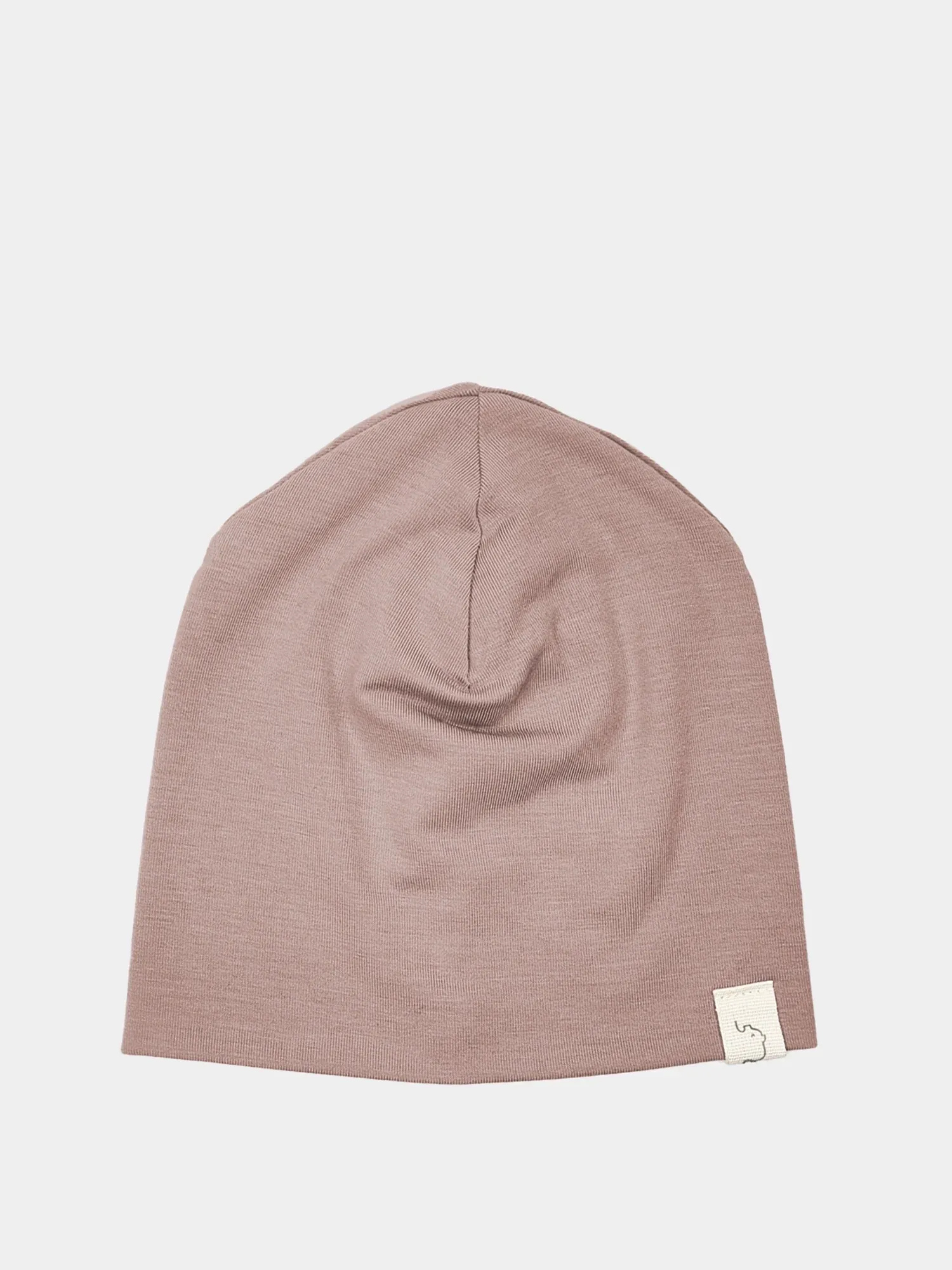 Beanie Kaschmir-Mix - Puder: Schlichte, slouch-style Mütze aus weichem, taupefarbenem Strickstoff mit einer Naht und Elefanten-Tag, ideal für empfindliche Babyhaut.