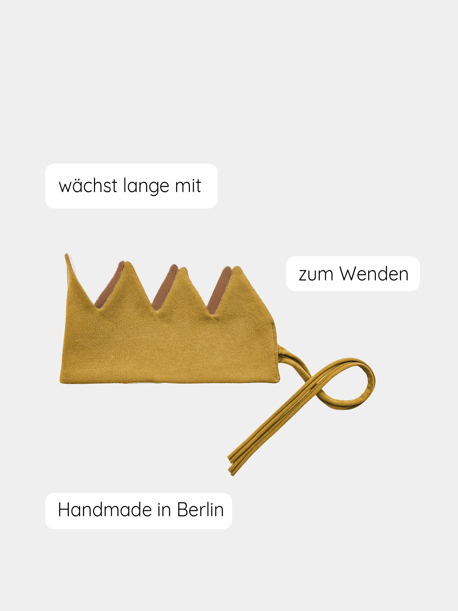 Geburtstagskrone Bio-Sweat - KurkumaNougat, handgenäht aus Bio-Sweat, gelbe Stoffkrone mit Bindebändern für variable Größe, Teil der No Waste Kollektion, wendbar für vielseitige Nutzung. Geschenk für 1 Geburtstag