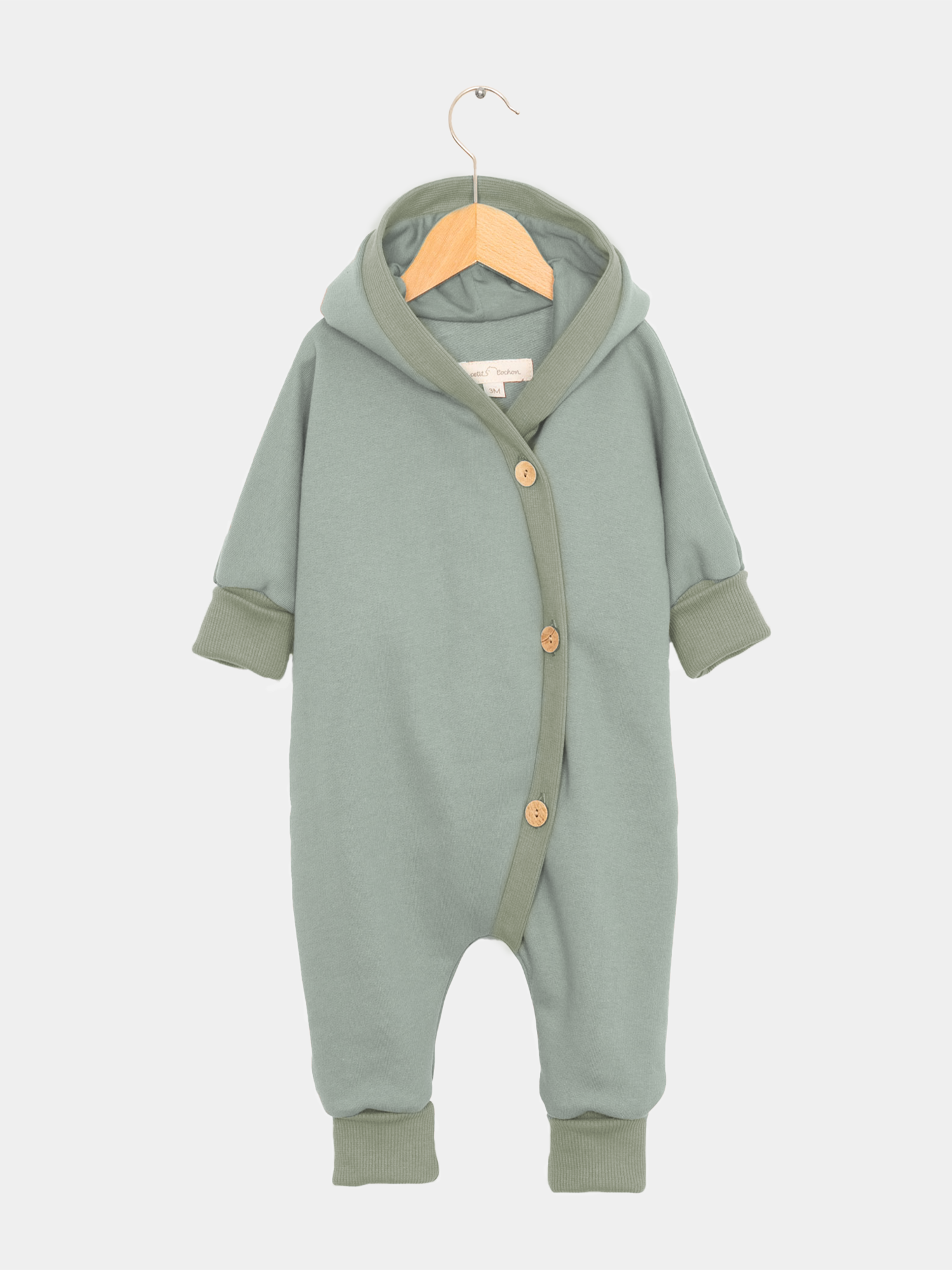 Kuschelanzug Bio-Sweat - Aqua: Overall mit Wichtelkapuze aus weichem, angerautem Bio-Baumwoll-Sweatstoff, großzügig geschnitten mit Krempelbündchen an Armen und Beinen, ideal für Babys und Kinder.