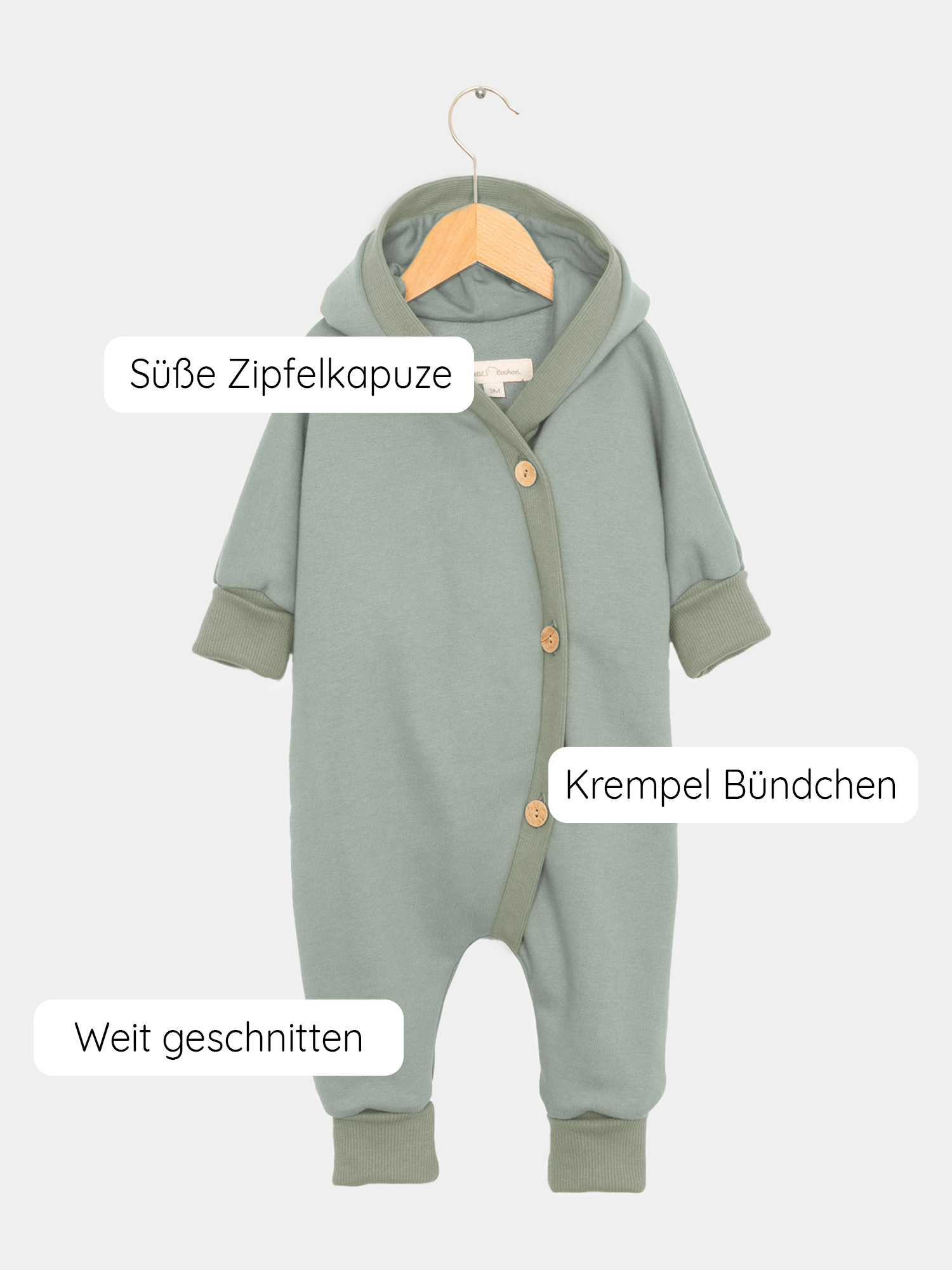 Kuschelanzug Bio-Sweat - Aqua für Babys/Kinder mit Wichtelkapuze, innen leicht angeraut. Großzügiger Schnitt mit Krempelbündchen an Armen und Beinen. Hält warm und wächst mit. In Berlin genäht.