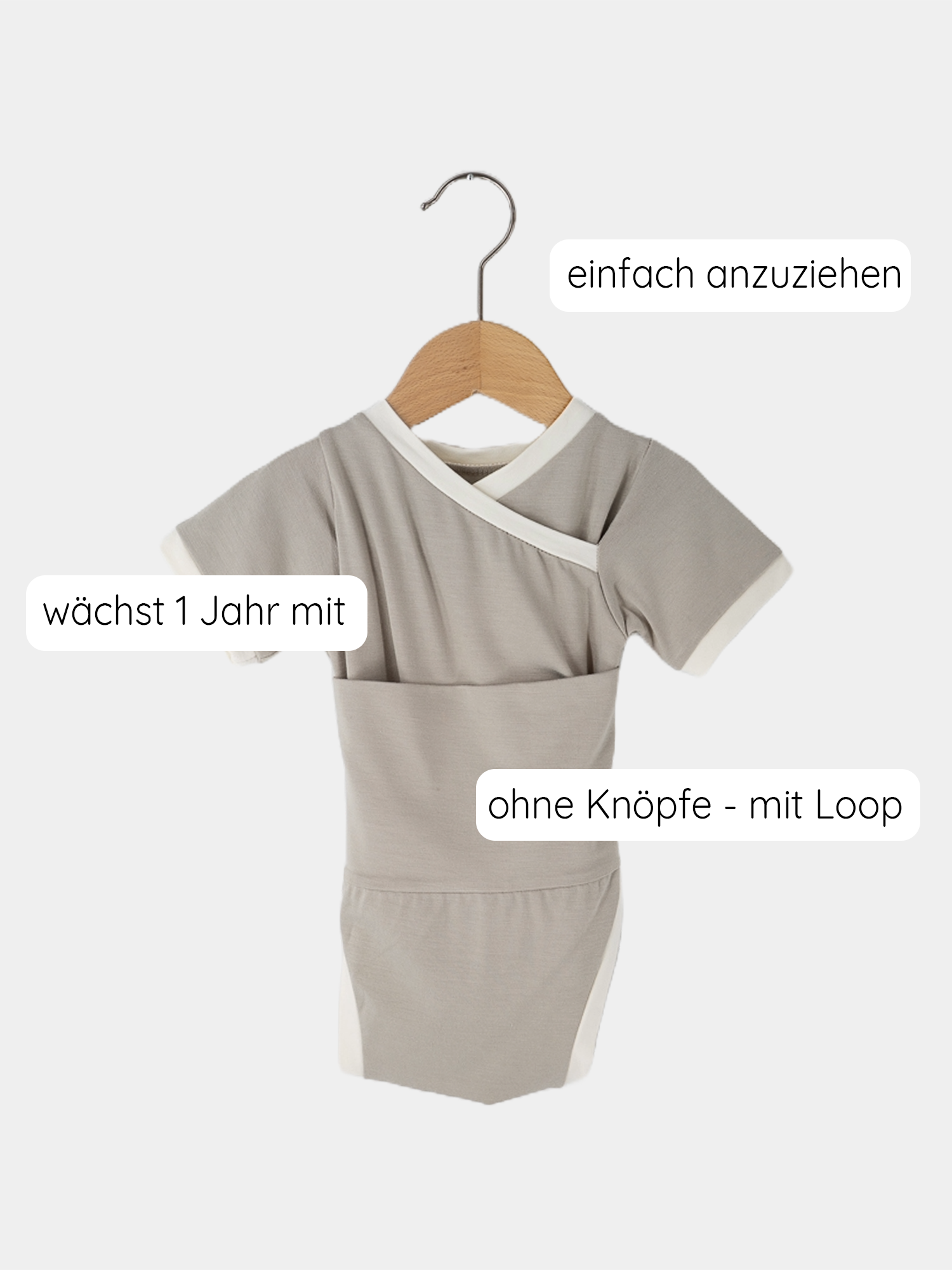 Kurzarm Loopbody Bambusviskose - Stein: Ein weicher, elastischer Babybody ohne Knöpfe, ideal für den Sommer. Der Loop um den Bauch sorgt für schnelles An- und Ausziehen, ohne Druckstellen.