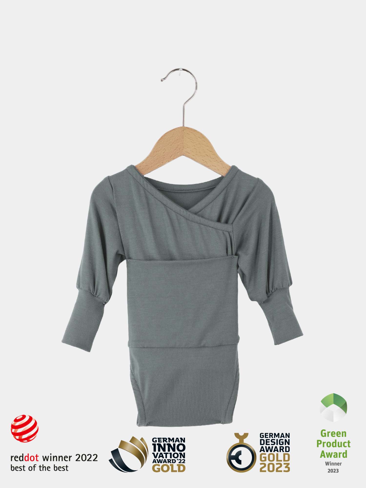 Loopbody Tencel - mitwachsender Babybody - Taube: Grauer Loopbody auf Bügel, aus weichem, atmungsaktivem Tencel, ideal für Babys, bietet wachsende Passform und Schutz vor Zugluft, besonders hautfreundlich und bequem.