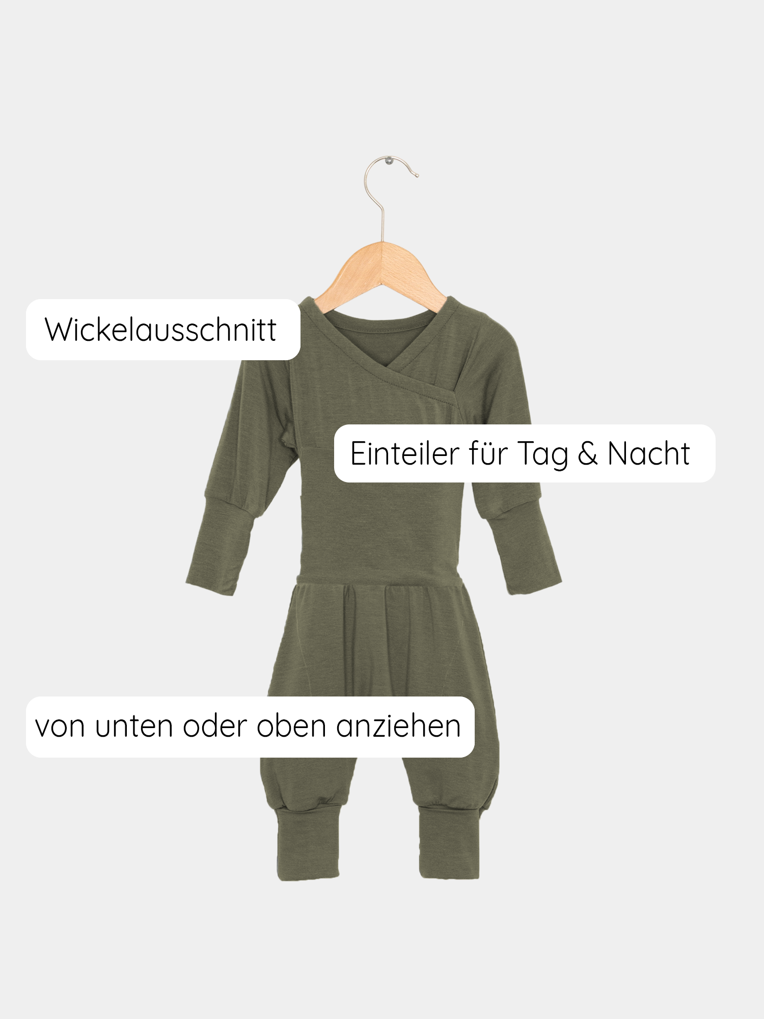 Loopstrampler Kaschmir-Mix - Pistazie: Ein knopf- und schnörkelloser Babystrampler mit einzigartigem Loop am Bauch, umklappbaren Bündchen und Wickelausschnitt, aus weichem Kaschmir-Micromodal-Mix, ideal für empfindliche Haut.