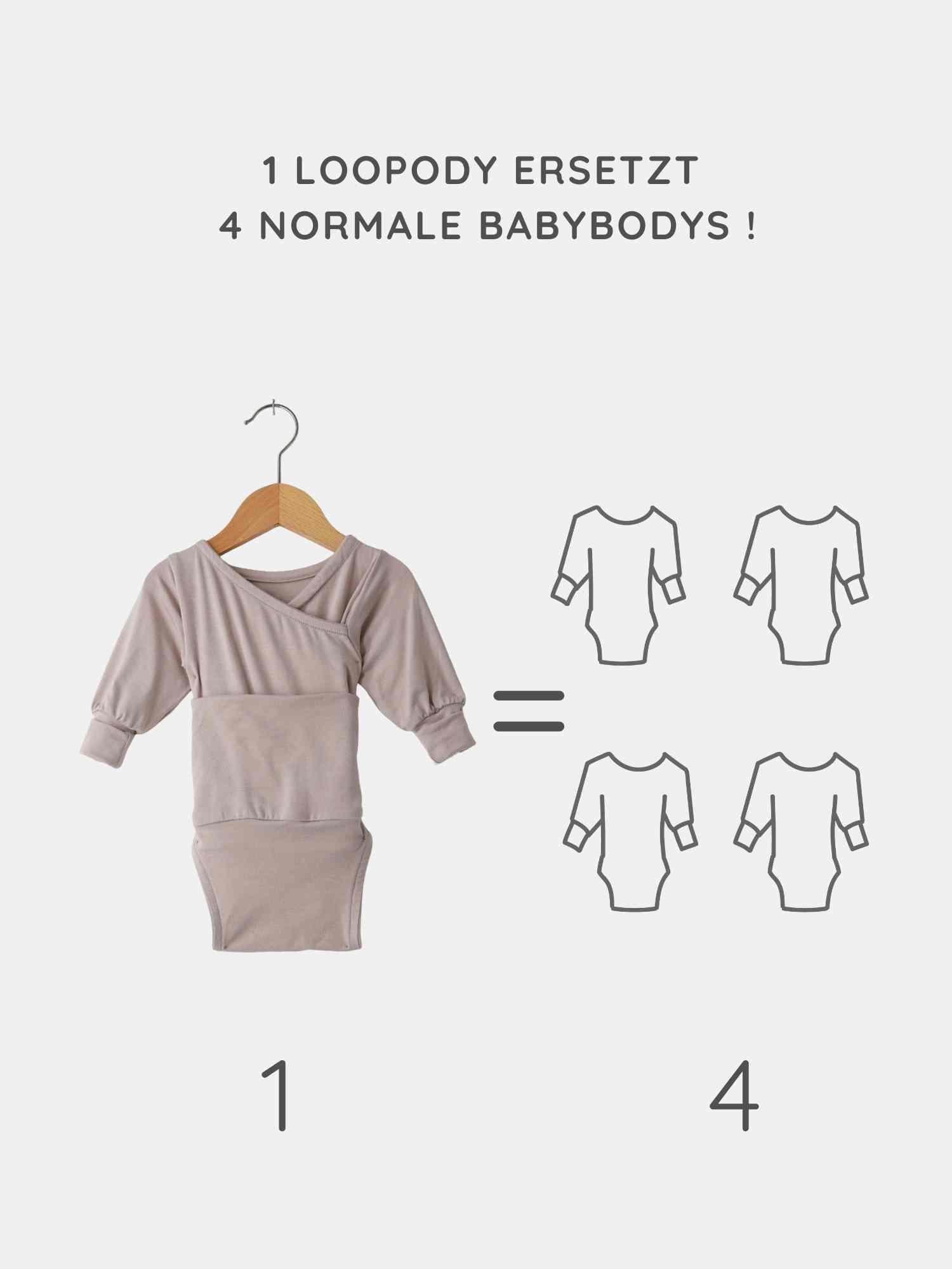 Loopbody Bambusviskose - Cremepuder: Ein langer, verstellbarer, beige/grauer Babybody auf einem Holzbügel. Daneben vier gezeichnete Bodys, die zeigen, dass ein Loopody vier normale Bodys ersetzt.